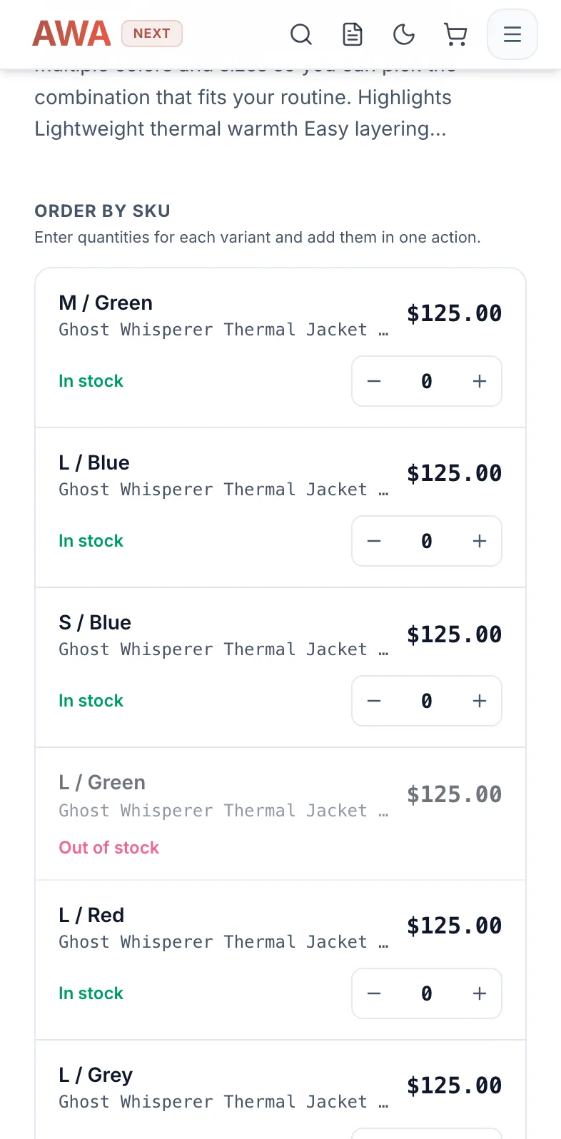 Product page with each size and color as a row with its own quantity on mobile
