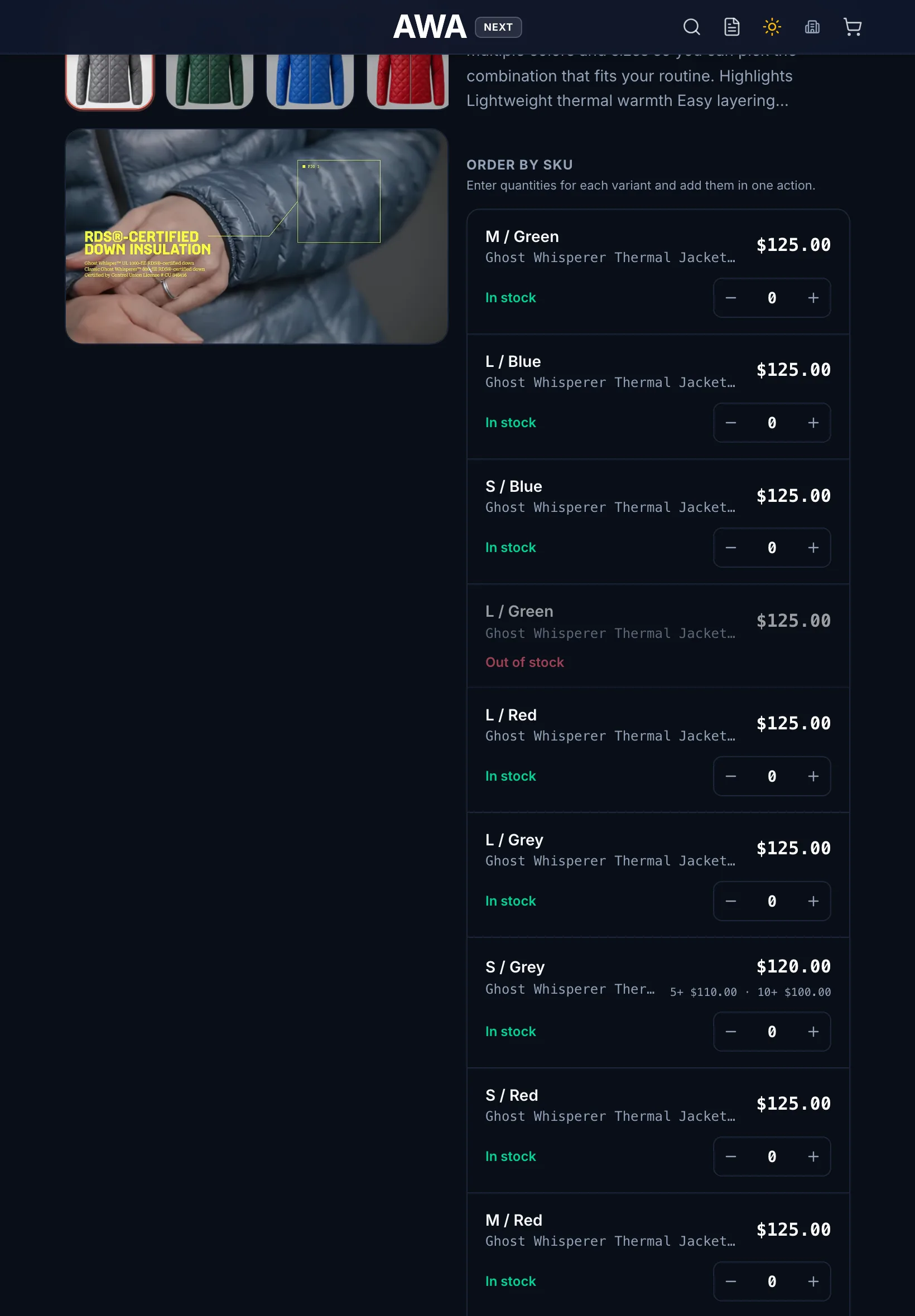 Product page with each size and color as a row with its own quantity on tablet in dark mode