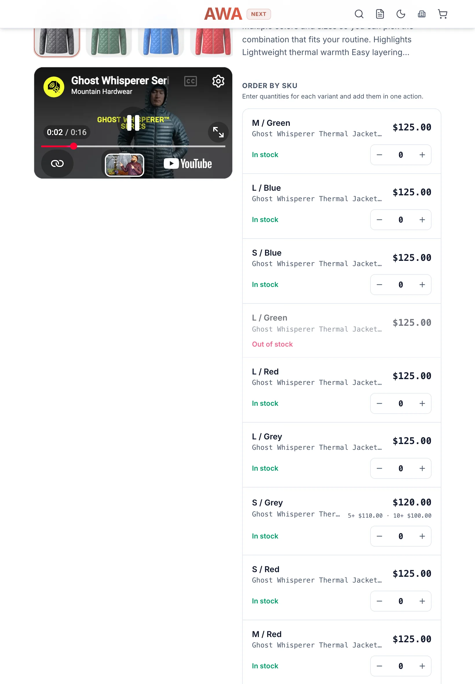 Product page with each size and color as a row with its own quantity on tablet