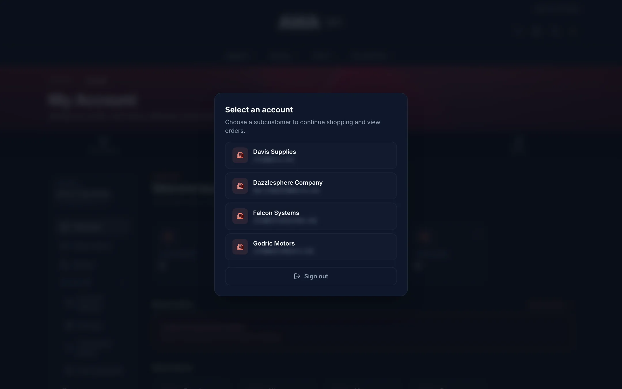 Account switcher listing the subcustomers of a parent login on desktop in dark mode