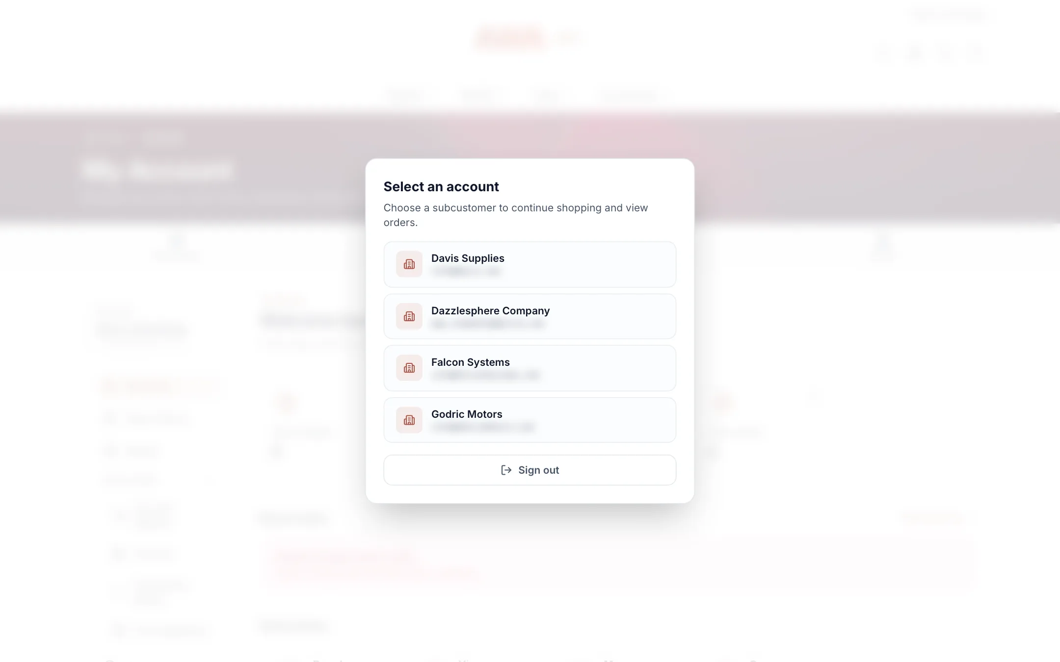 Account switcher listing the subcustomers of a parent login on desktop