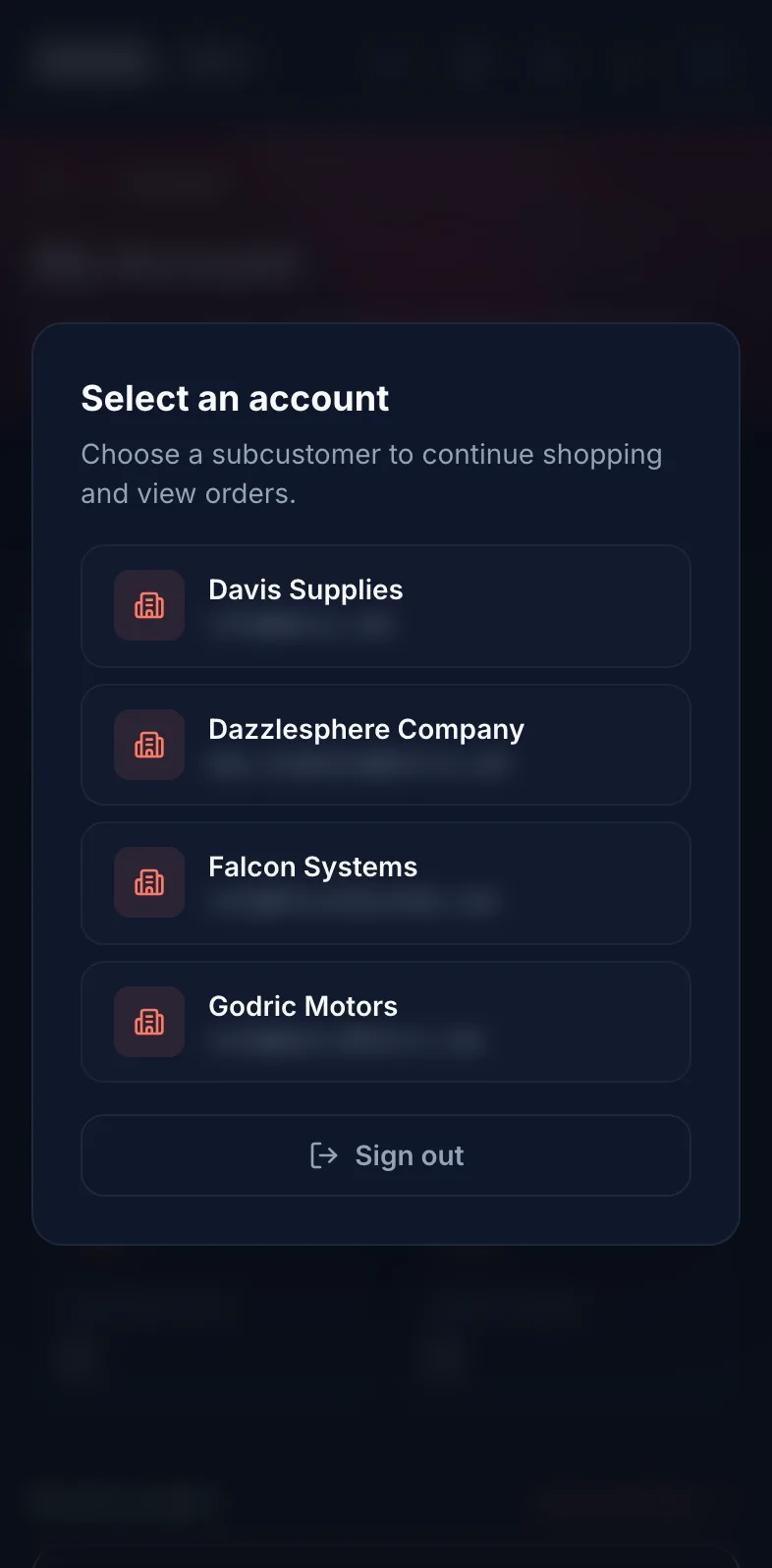 Account switcher listing the subcustomers of a parent login on mobile in dark mode