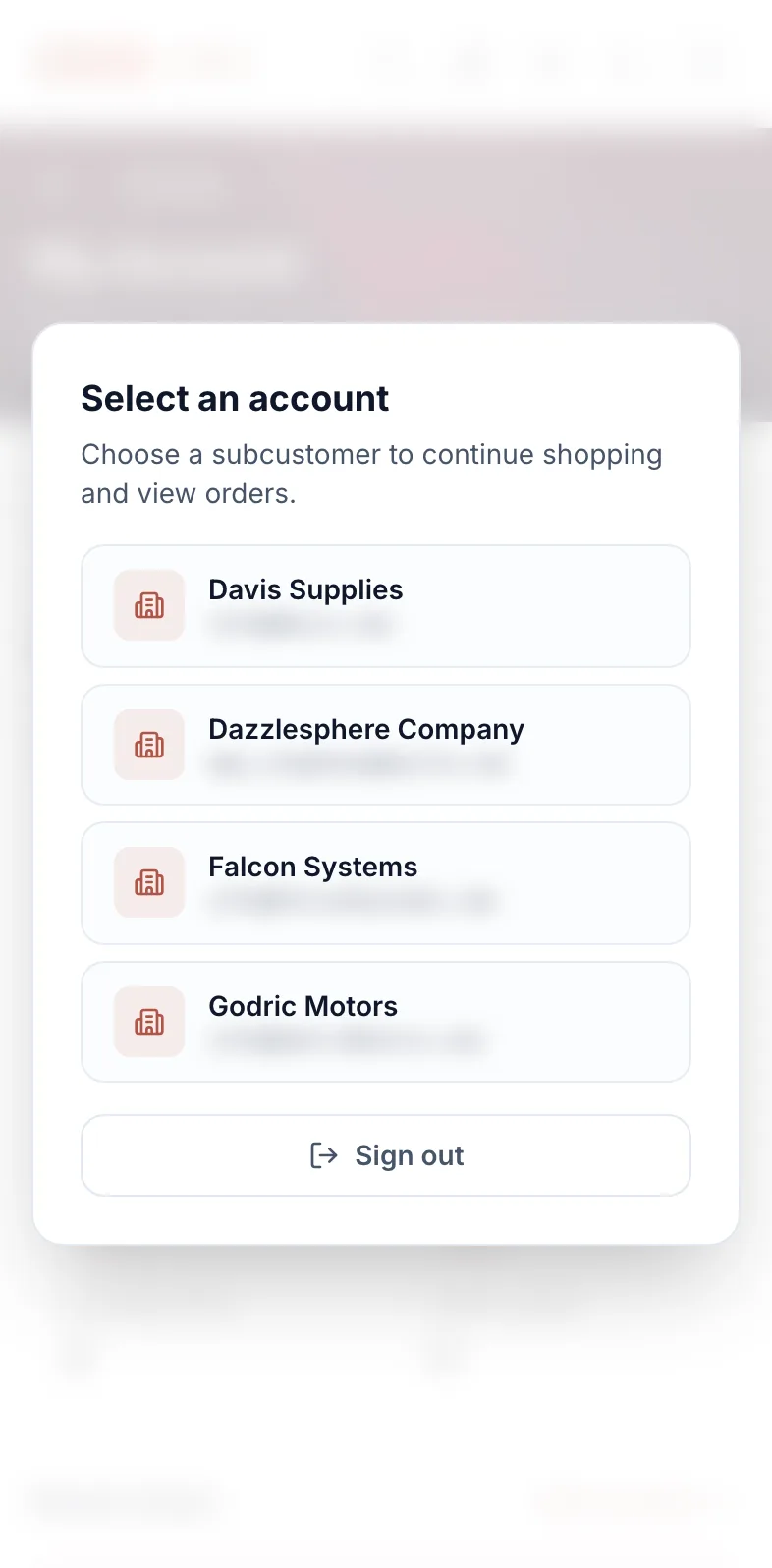 Account switcher listing the subcustomers of a parent login on mobile