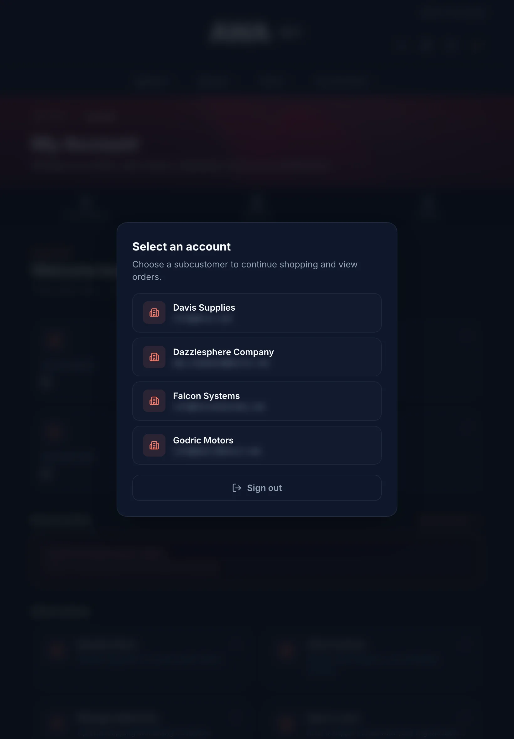 Account switcher listing the subcustomers of a parent login on tablet in dark mode