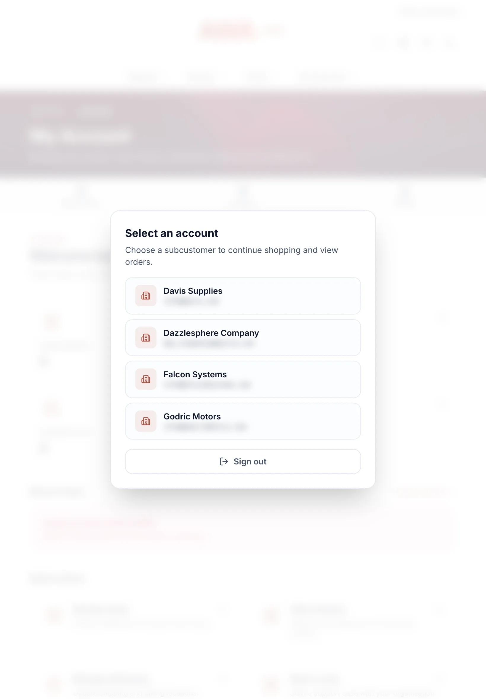 Account switcher listing the subcustomers of a parent login on tablet