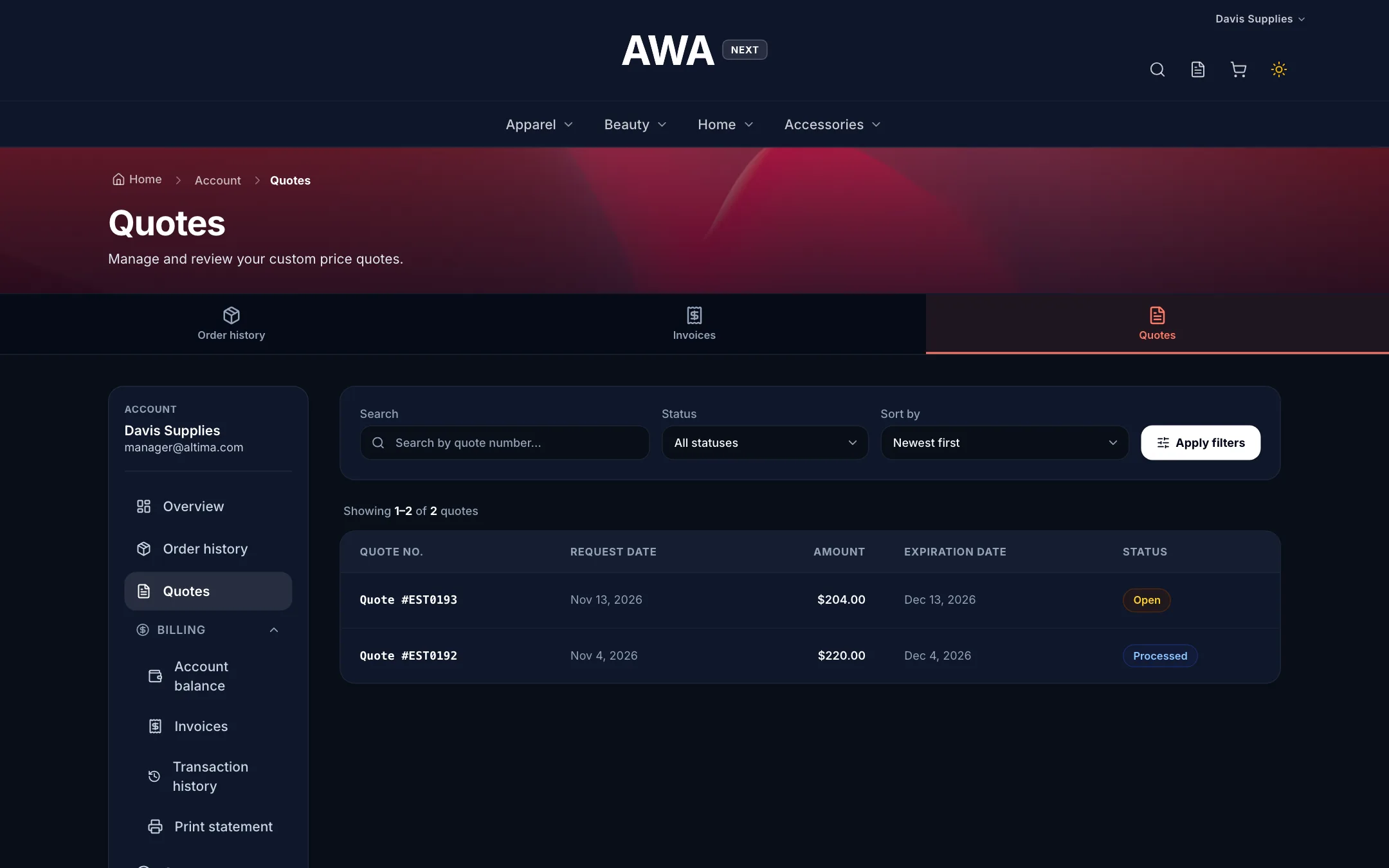 Quotes in My Account with status and expiration on desktop in dark mode