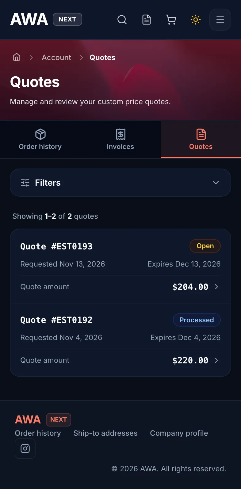 Quotes in My Account with status and expiration on mobile in dark mode