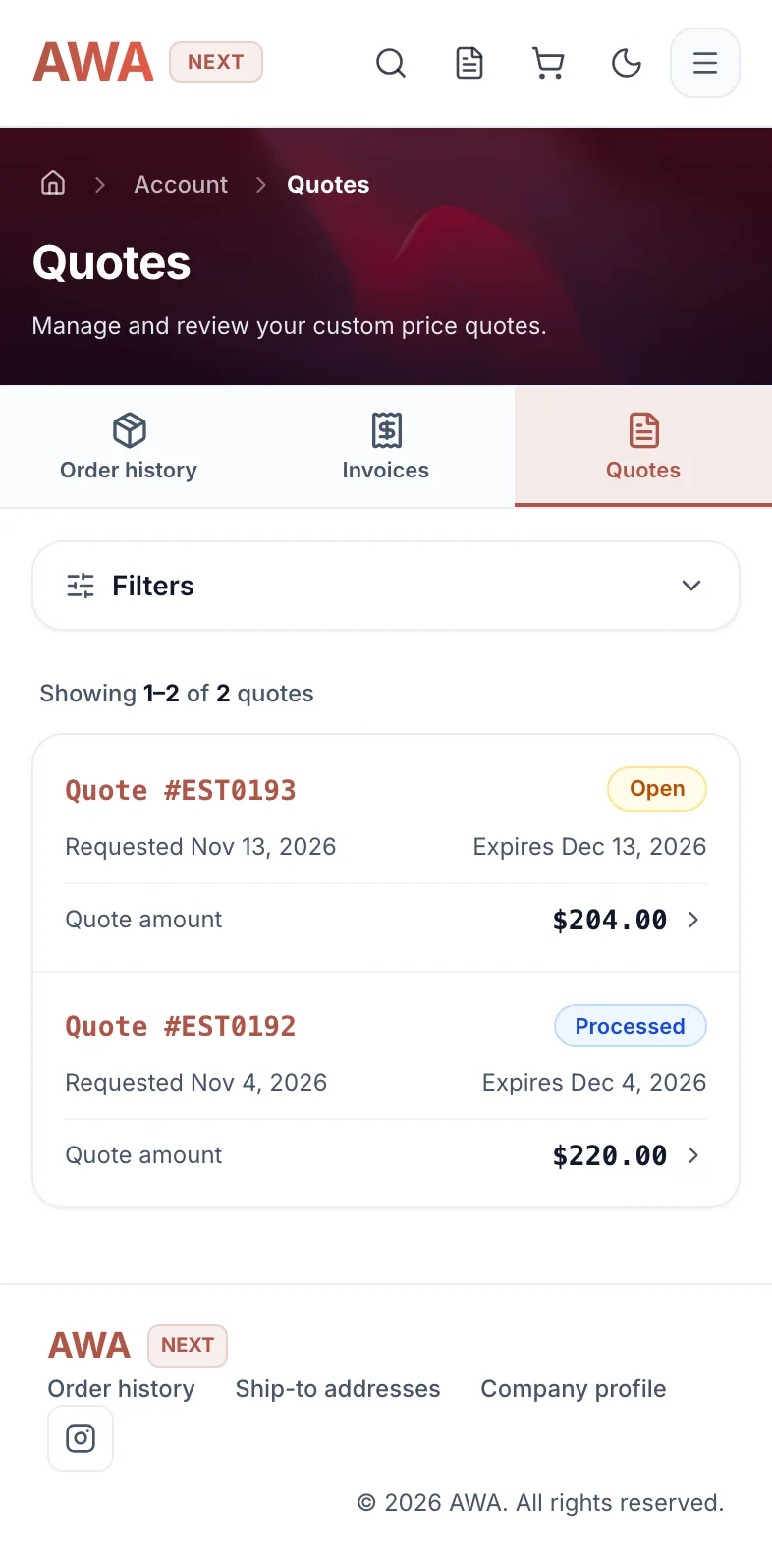 Quotes in My Account with status and expiration on mobile