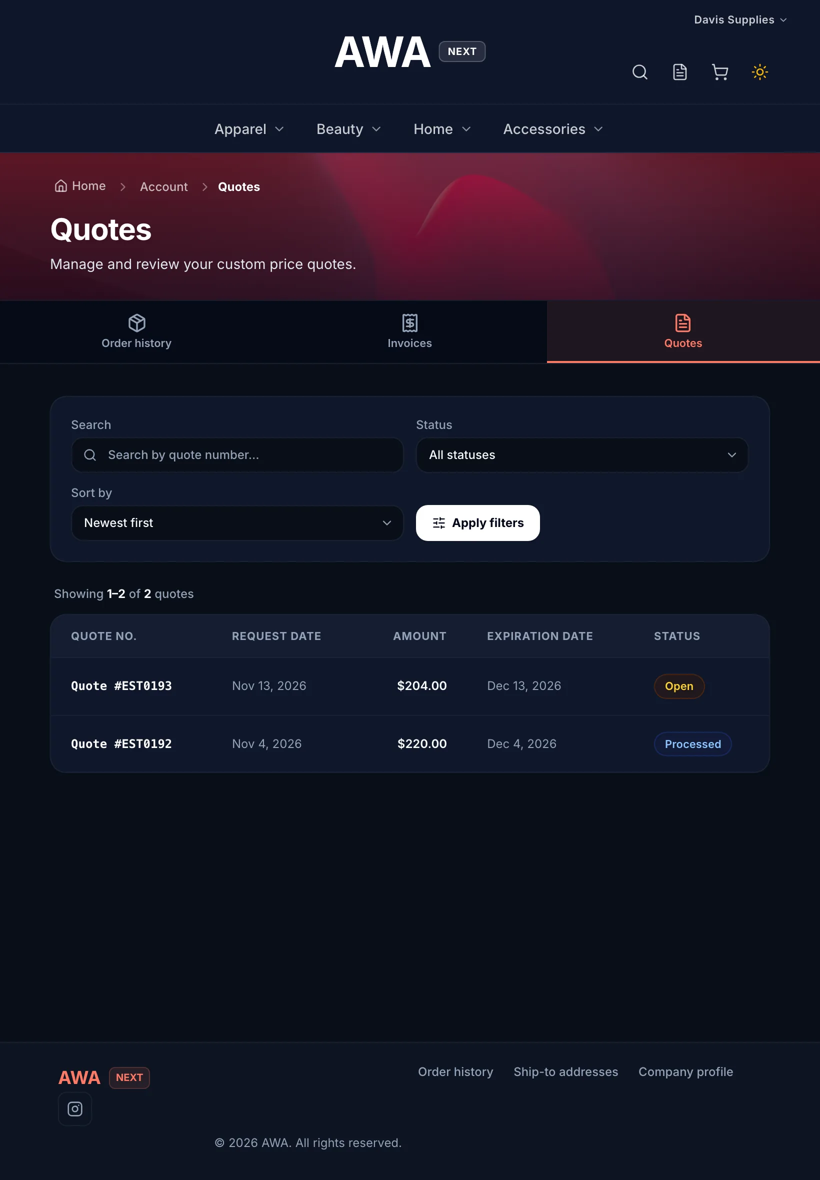 Quotes in My Account with status and expiration on tablet in dark mode