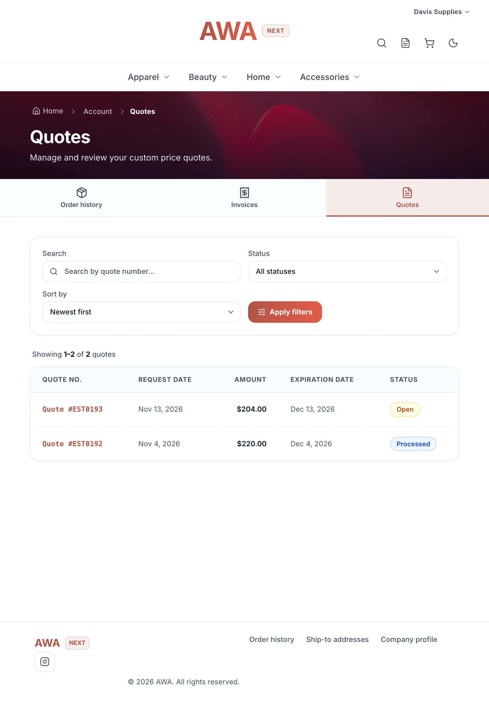 Quotes in My Account with status and expiration on tablet
