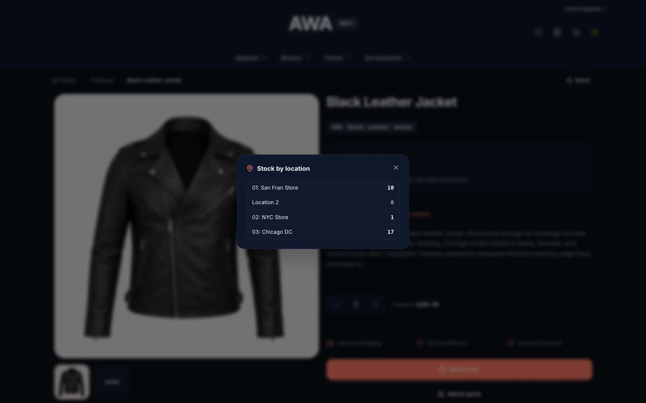 Stock by location panel on a B2B product page on desktop in dark mode
