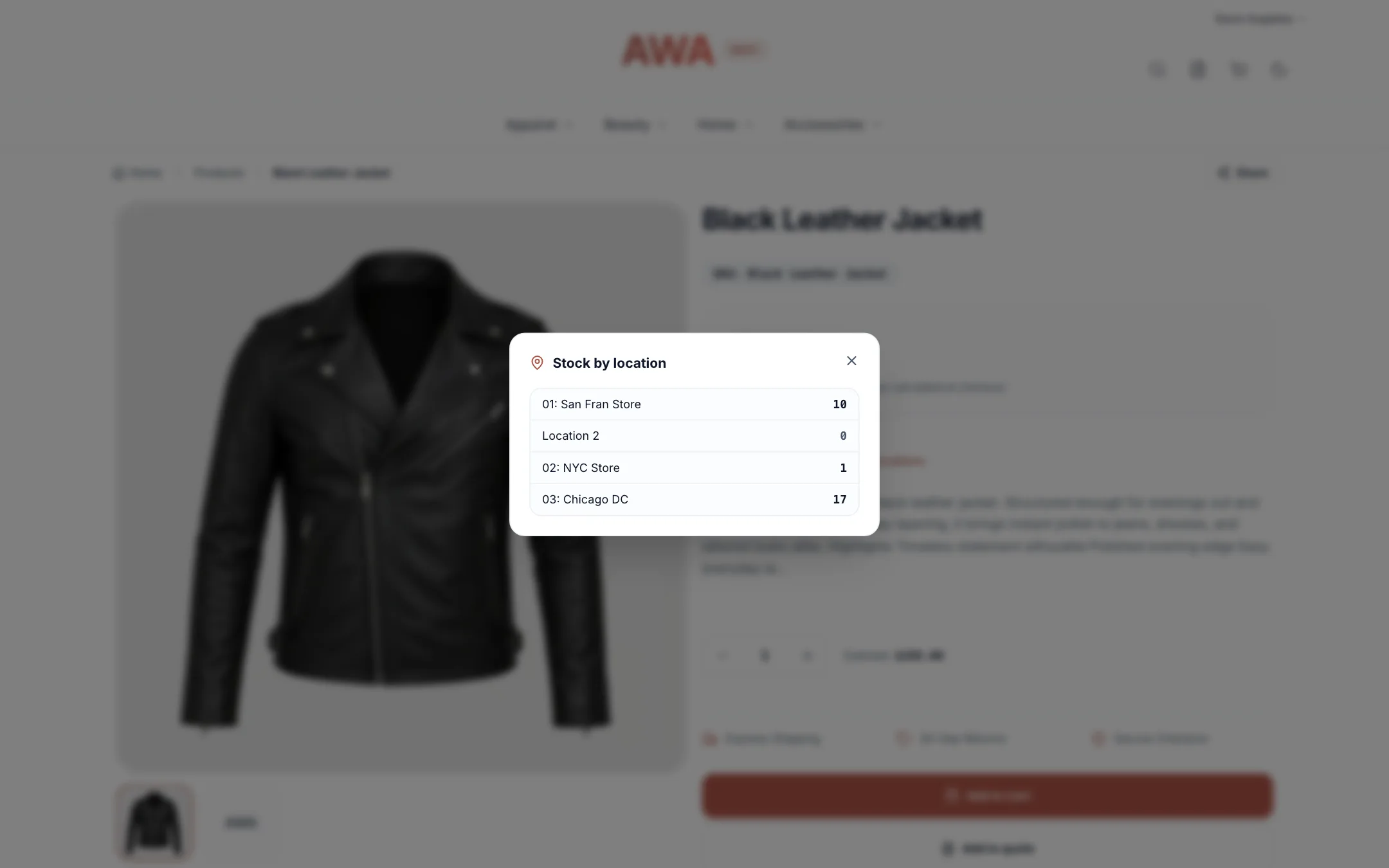 Stock by location panel on a B2B product page on desktop