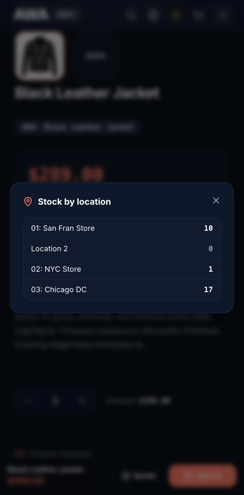 Stock by location panel on a B2B product page on mobile in dark mode