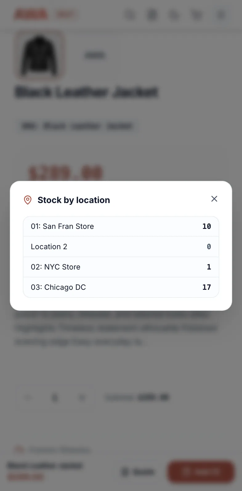 Stock by location panel on a B2B product page on mobile
