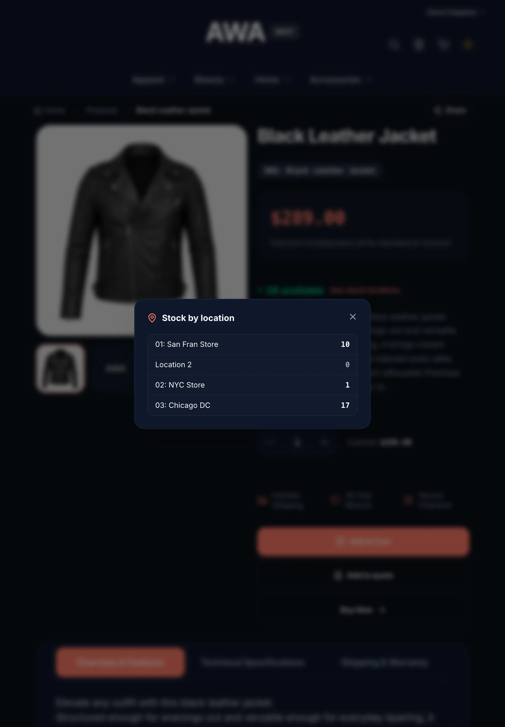 Stock by location panel on a B2B product page on tablet in dark mode