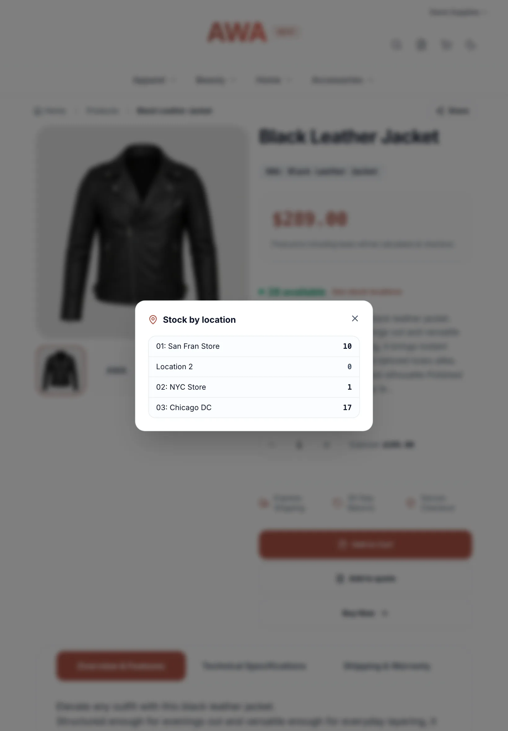 Stock by location panel on a B2B product page on tablet