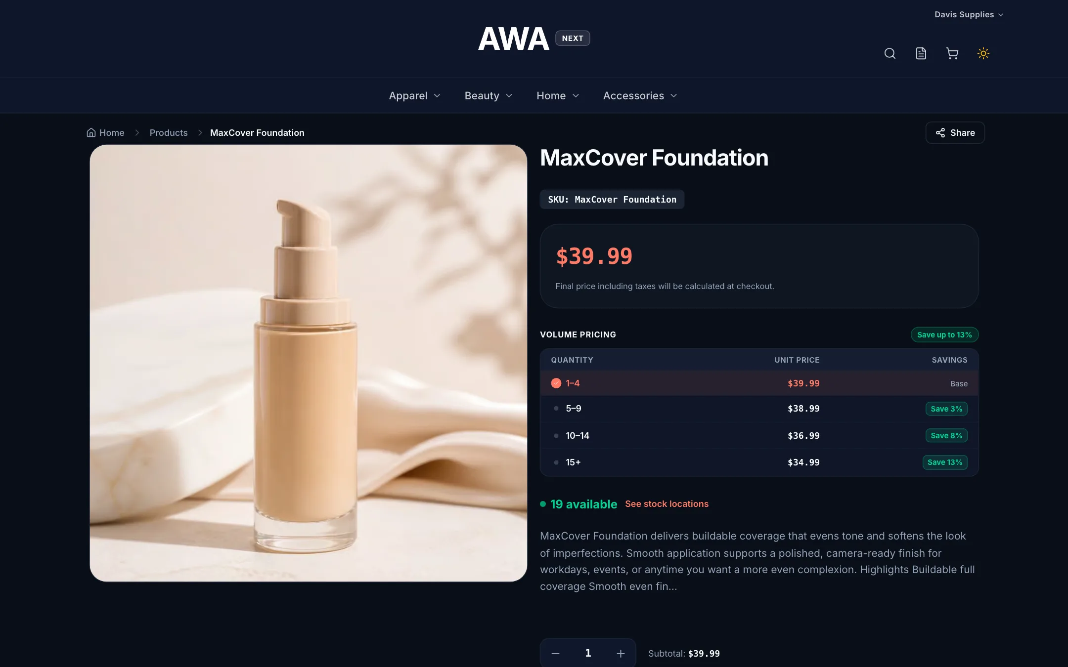Product page with a volume pricing table of quantity breaks and savings on desktop in dark mode