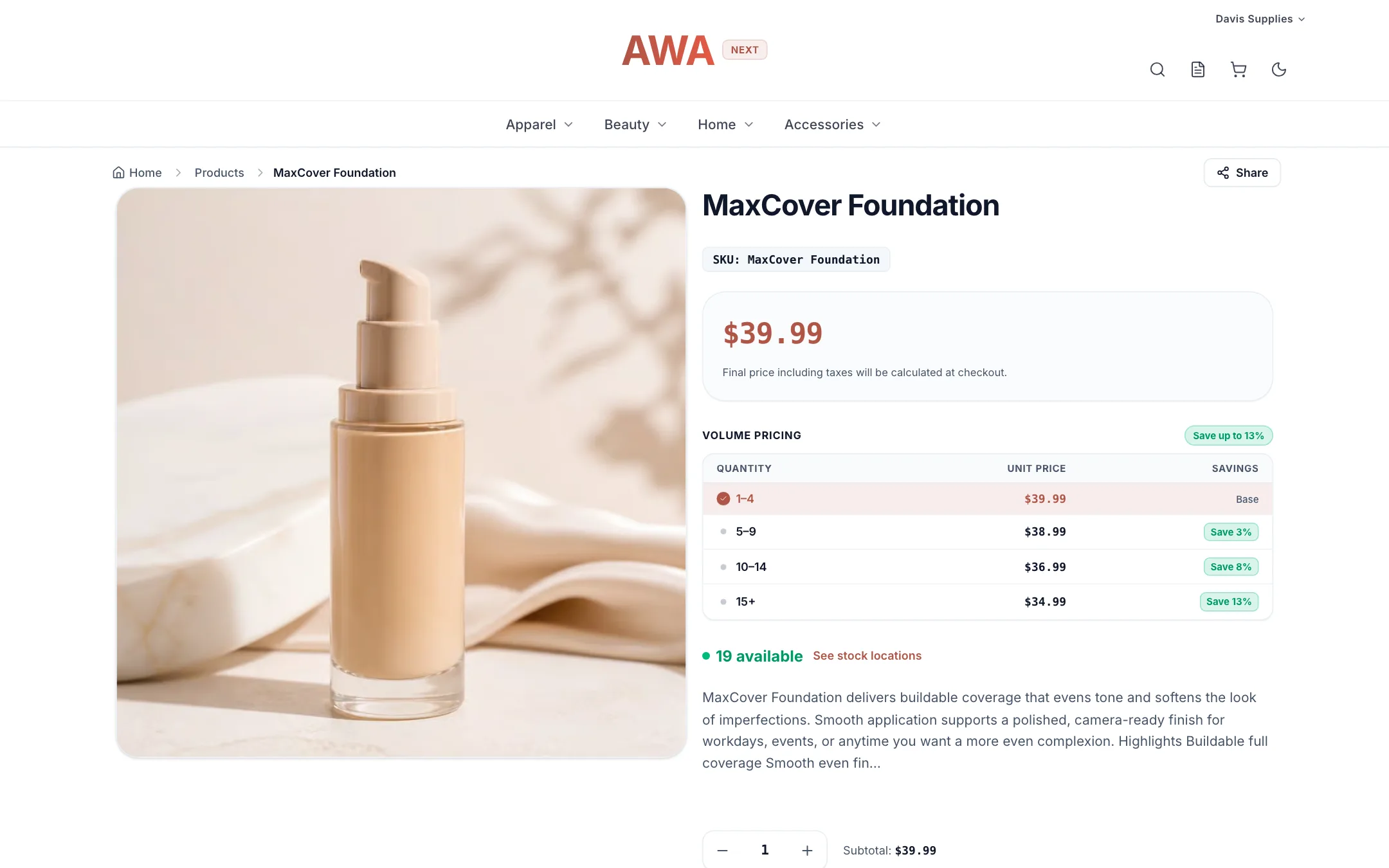 Product page with a volume pricing table of quantity breaks and savings on desktop