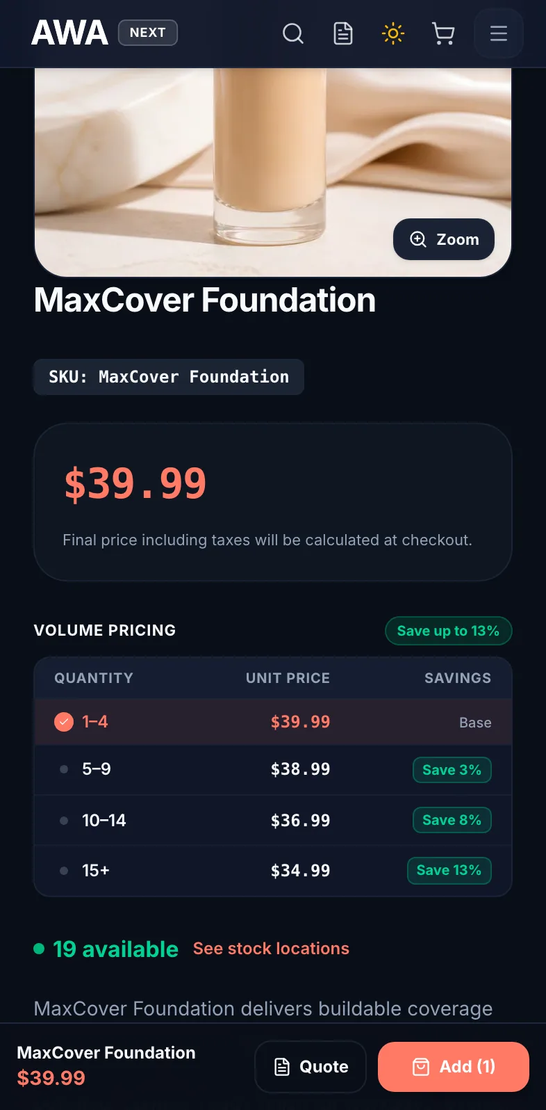 Product page with a volume pricing table of quantity breaks and savings on mobile in dark mode