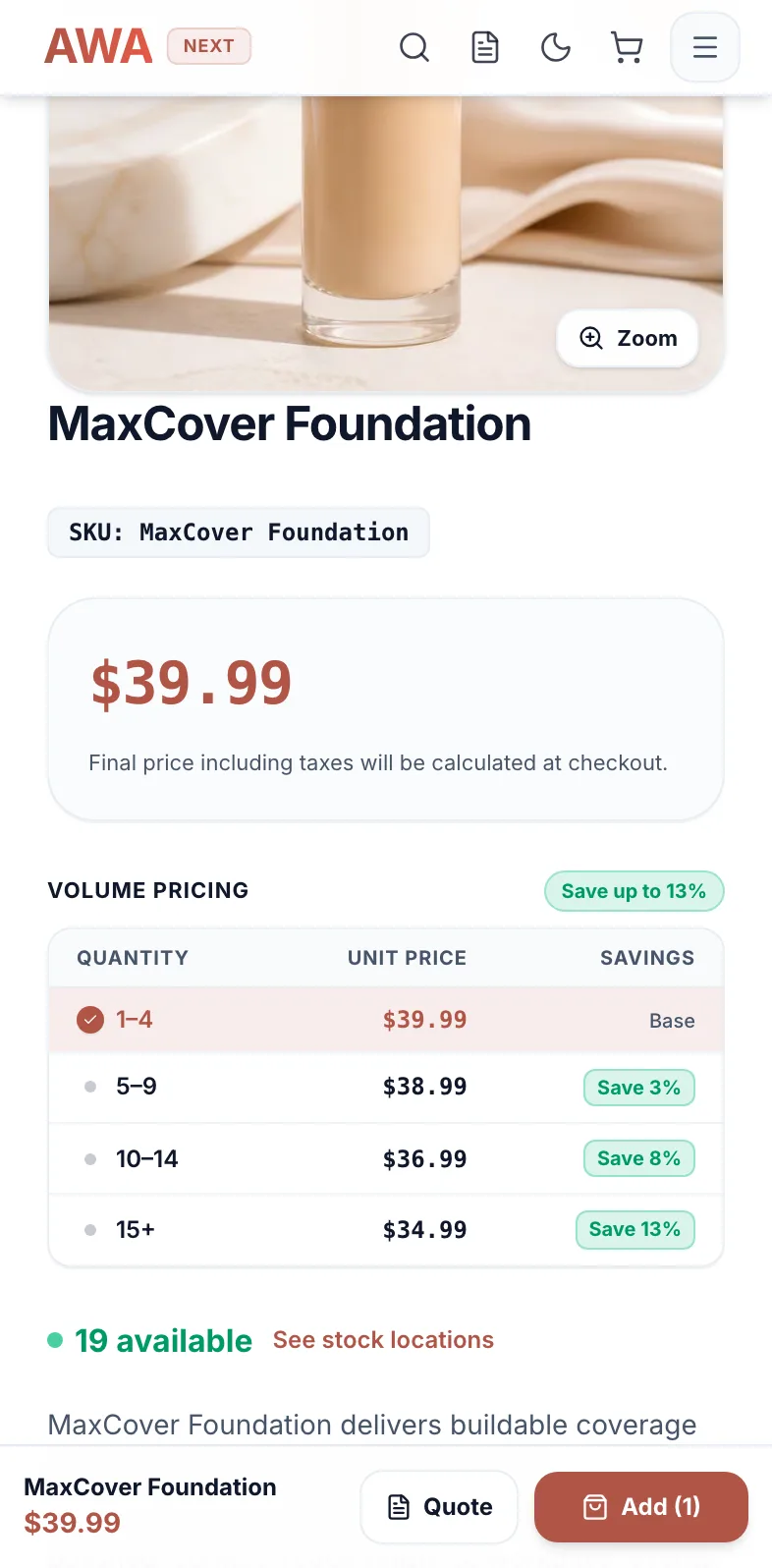 Product page with a volume pricing table of quantity breaks and savings on mobile