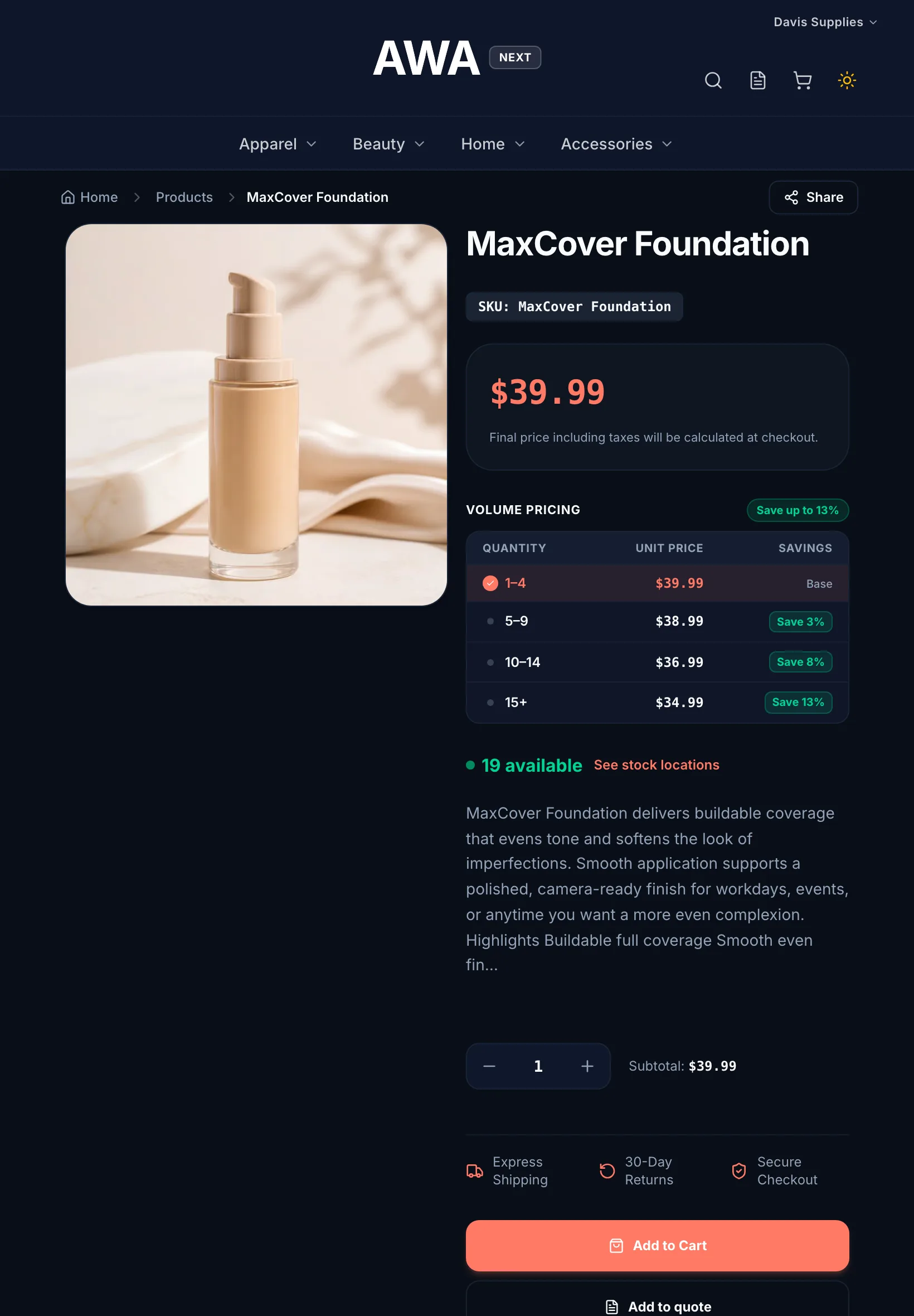 Product page with a volume pricing table of quantity breaks and savings on tablet in dark mode