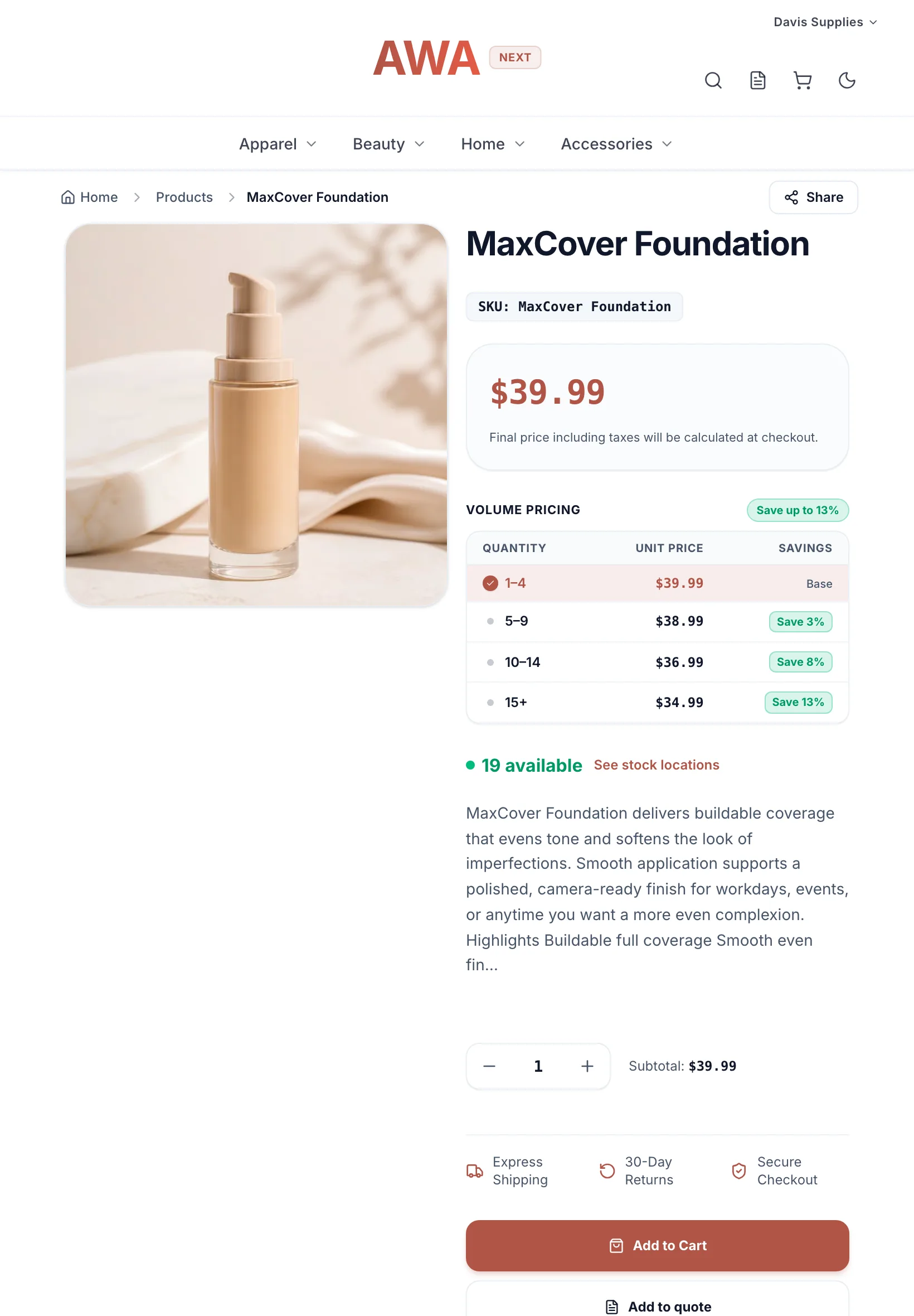 Product page with a volume pricing table of quantity breaks and savings on tablet