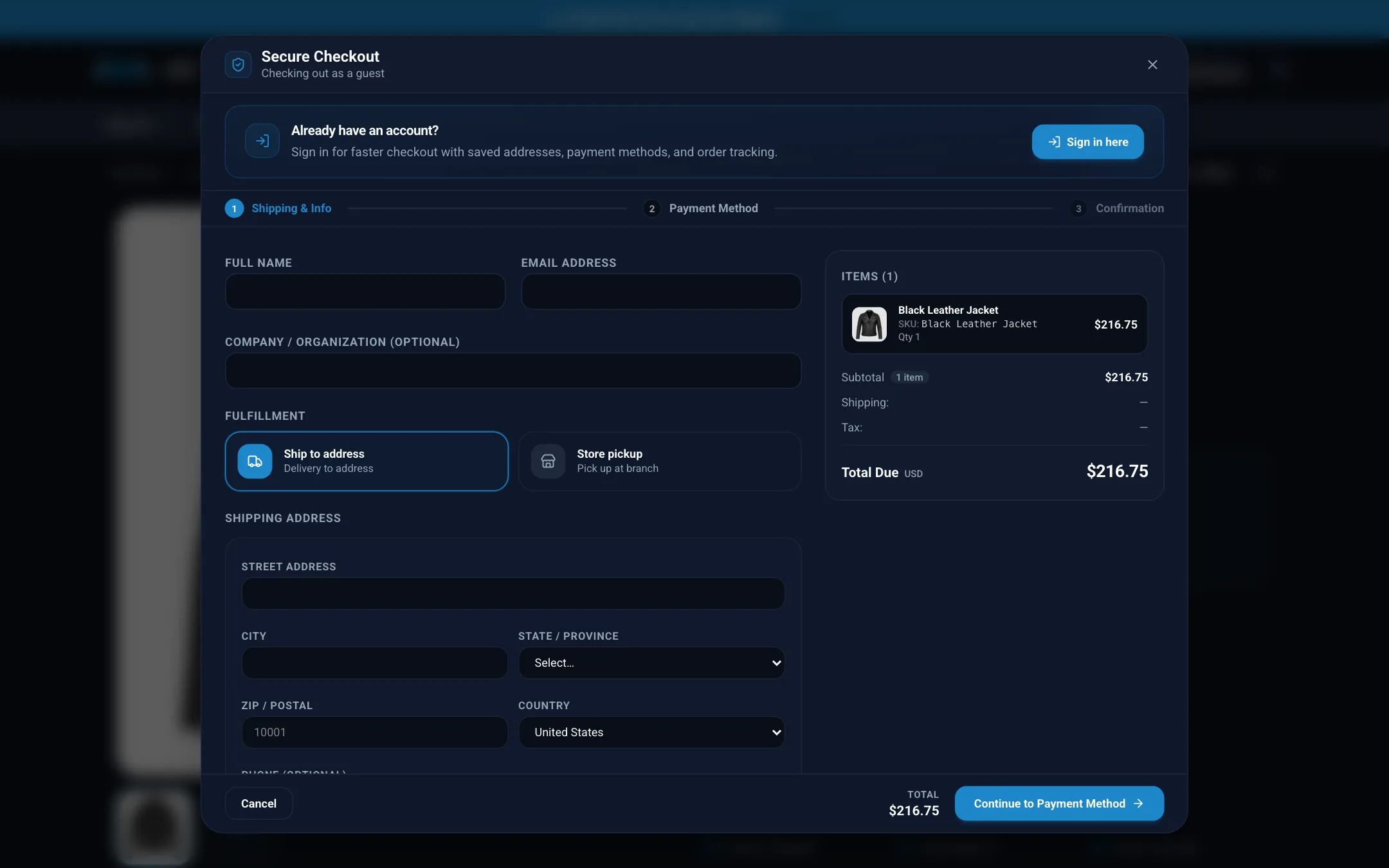Checkout window over a product page on desktop in dark mode