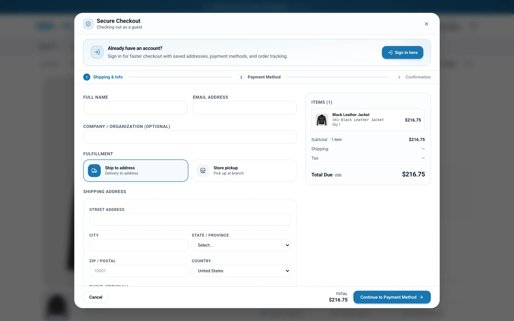 Checkout window over a product page on desktop