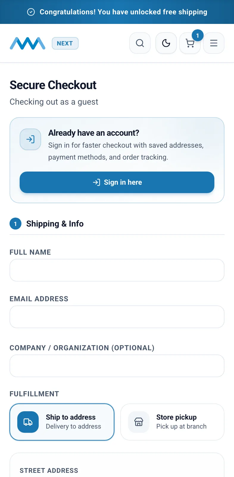 Checkout window over a product page on mobile