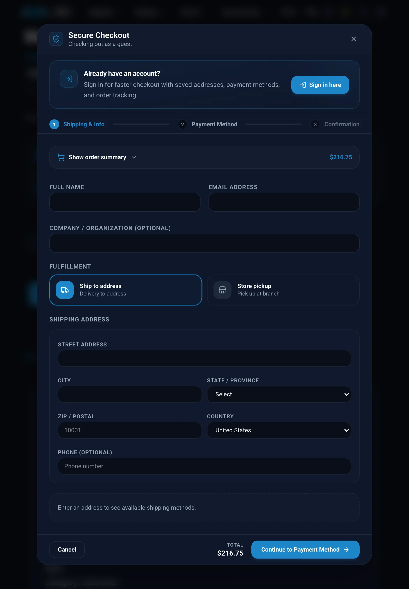 Checkout window over a product page on tablet in dark mode