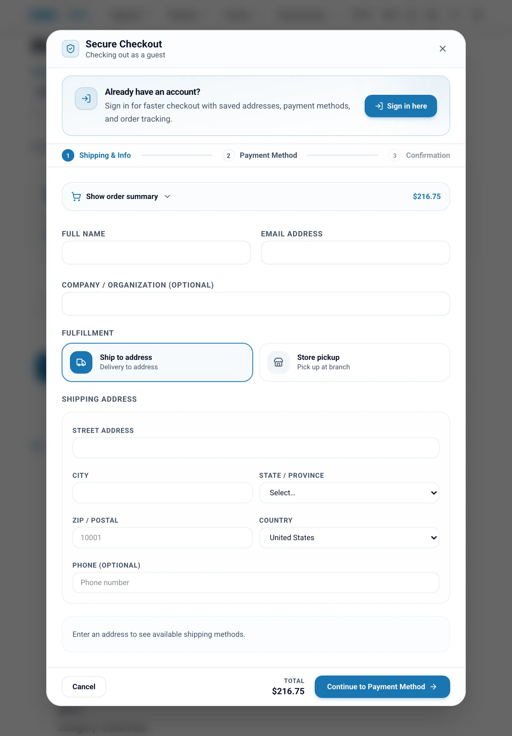 Checkout window over a product page on tablet