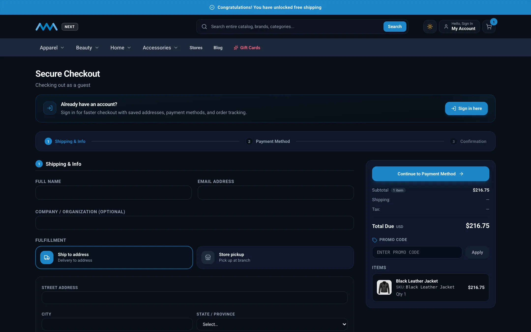 Multi-step guest checkout on the shipping step on desktop in dark mode