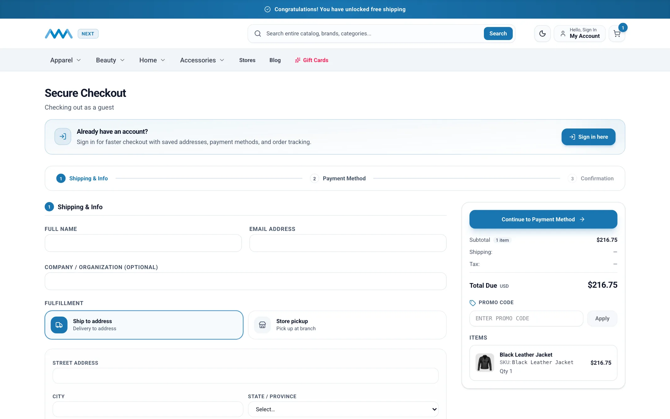 Multi-step guest checkout on the shipping step on desktop