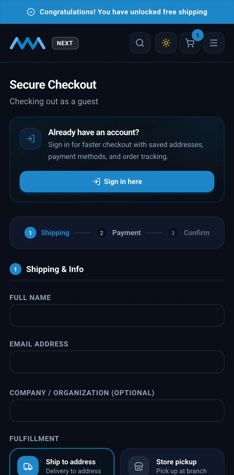 Multi-step guest checkout on the shipping step on mobile in dark mode
