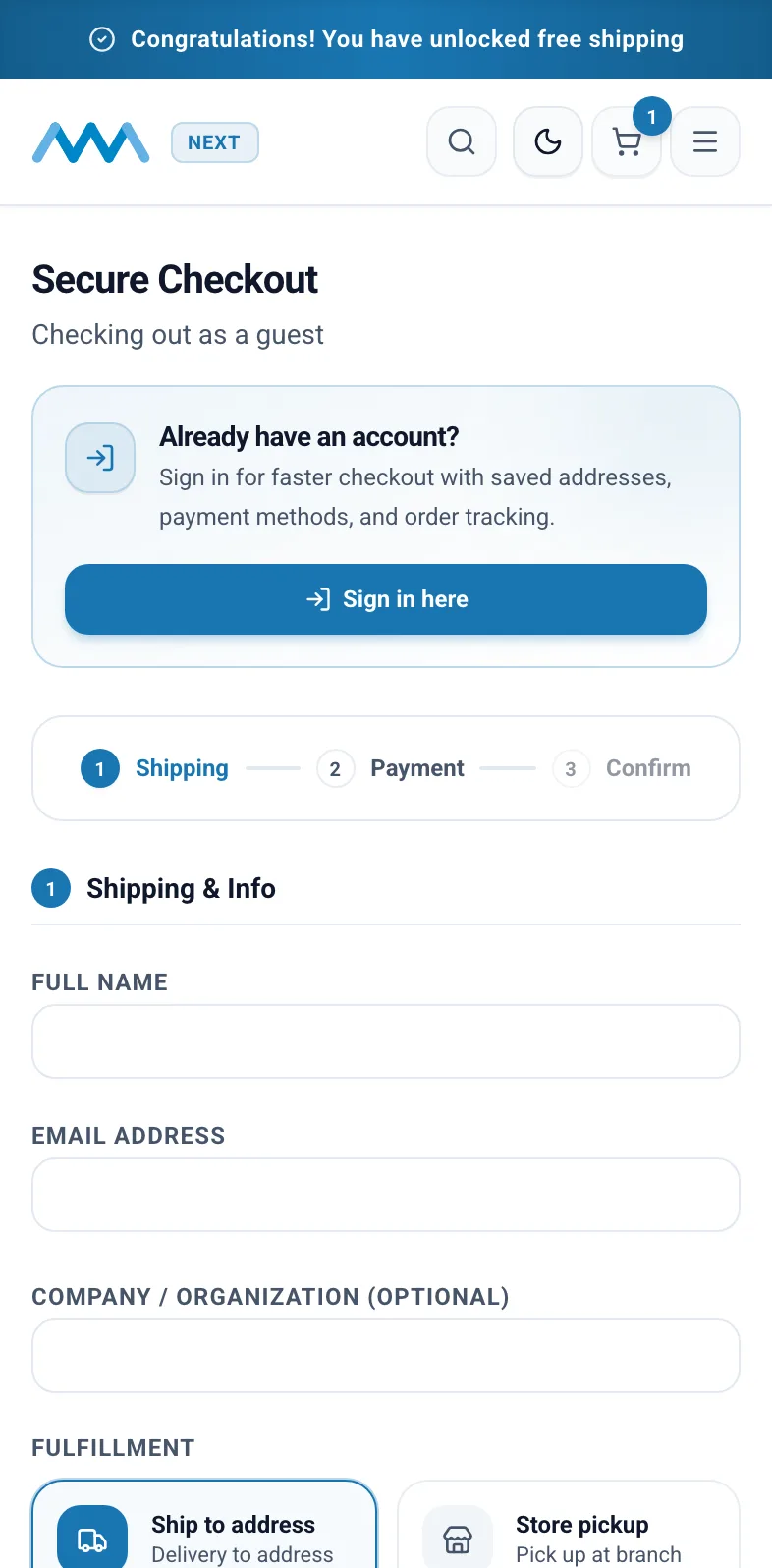 Multi-step guest checkout on the shipping step on mobile