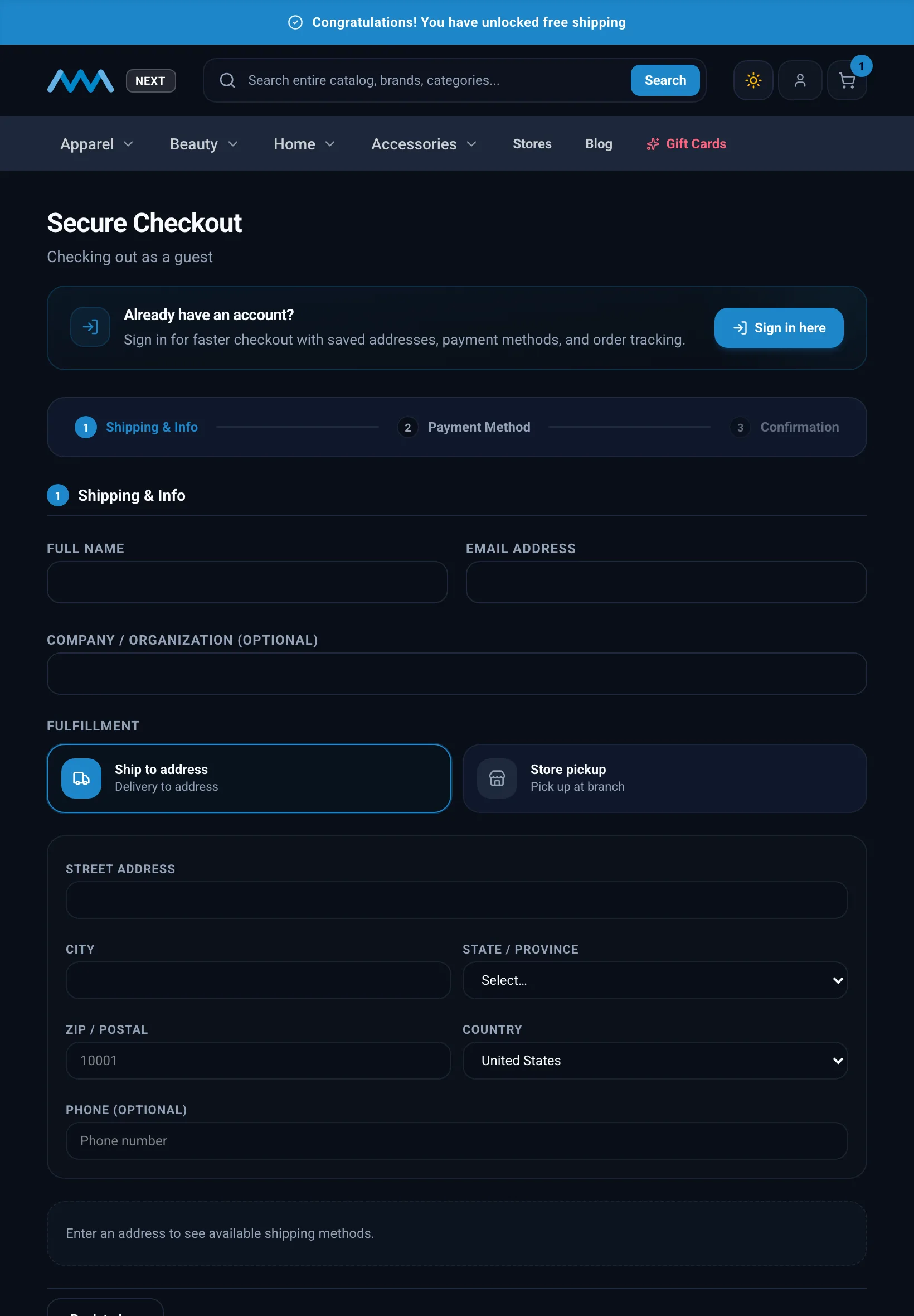 Multi-step guest checkout on the shipping step on tablet in dark mode