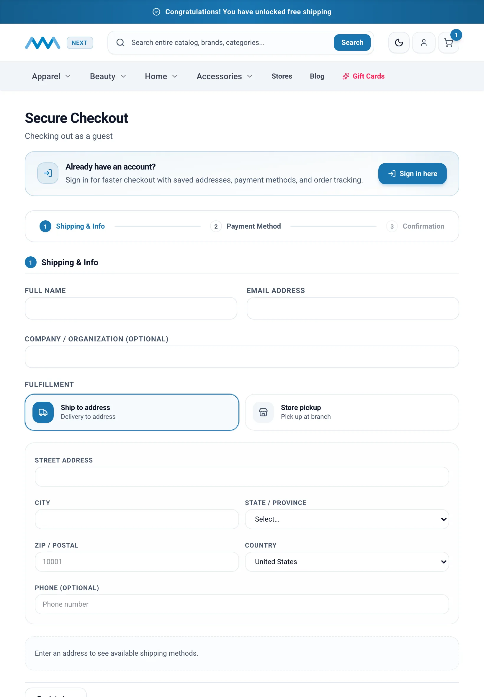 Multi-step guest checkout on the shipping step on tablet