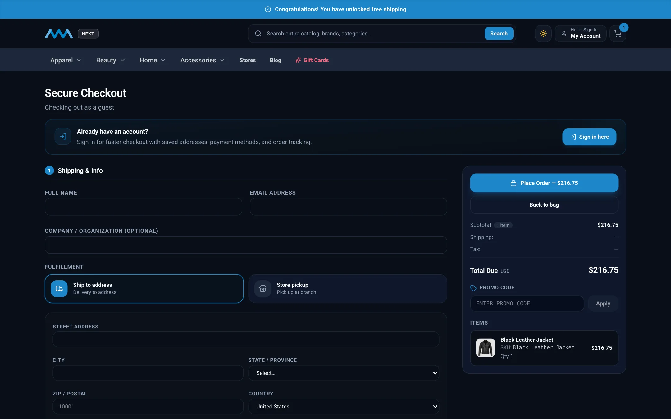 One-page guest checkout on desktop in dark mode