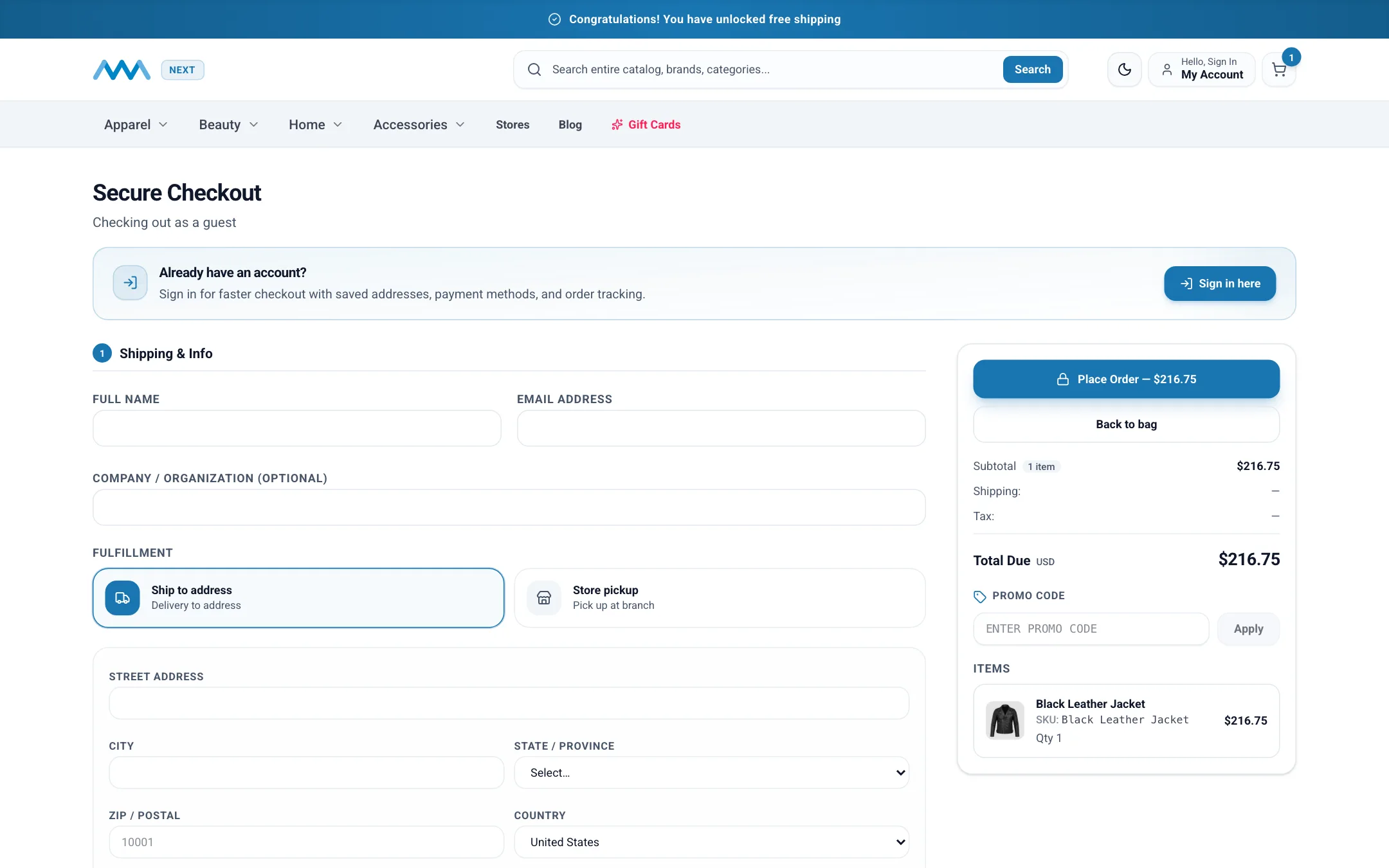 One-page guest checkout on desktop