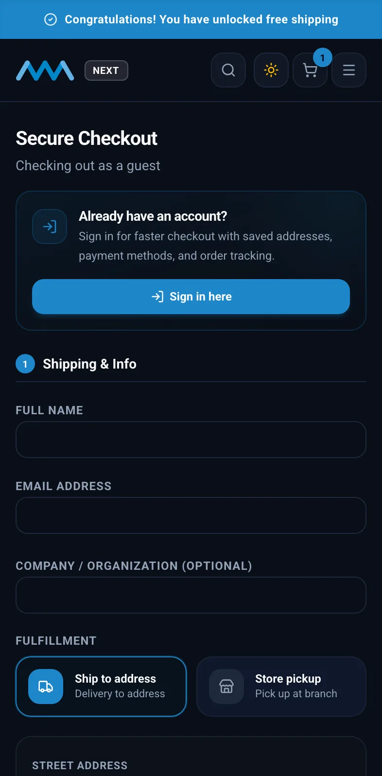 One-page guest checkout on mobile in dark mode