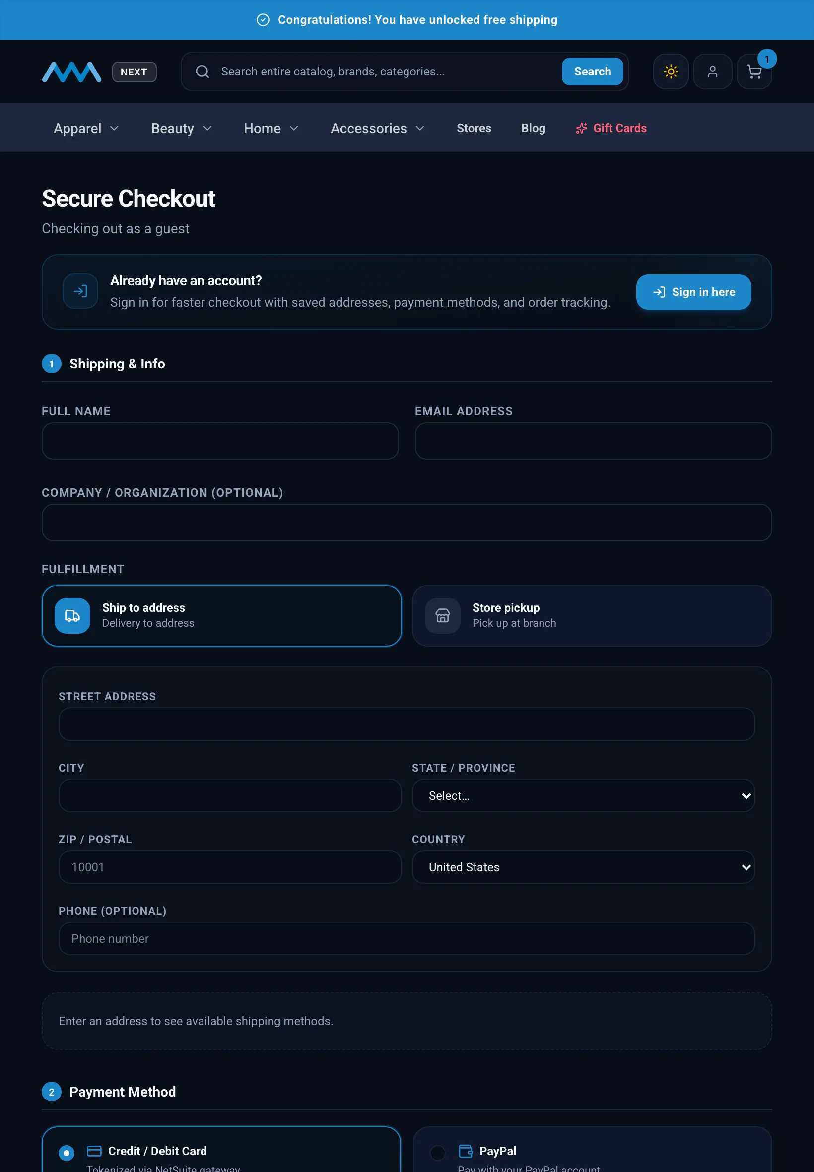 One-page guest checkout on tablet in dark mode