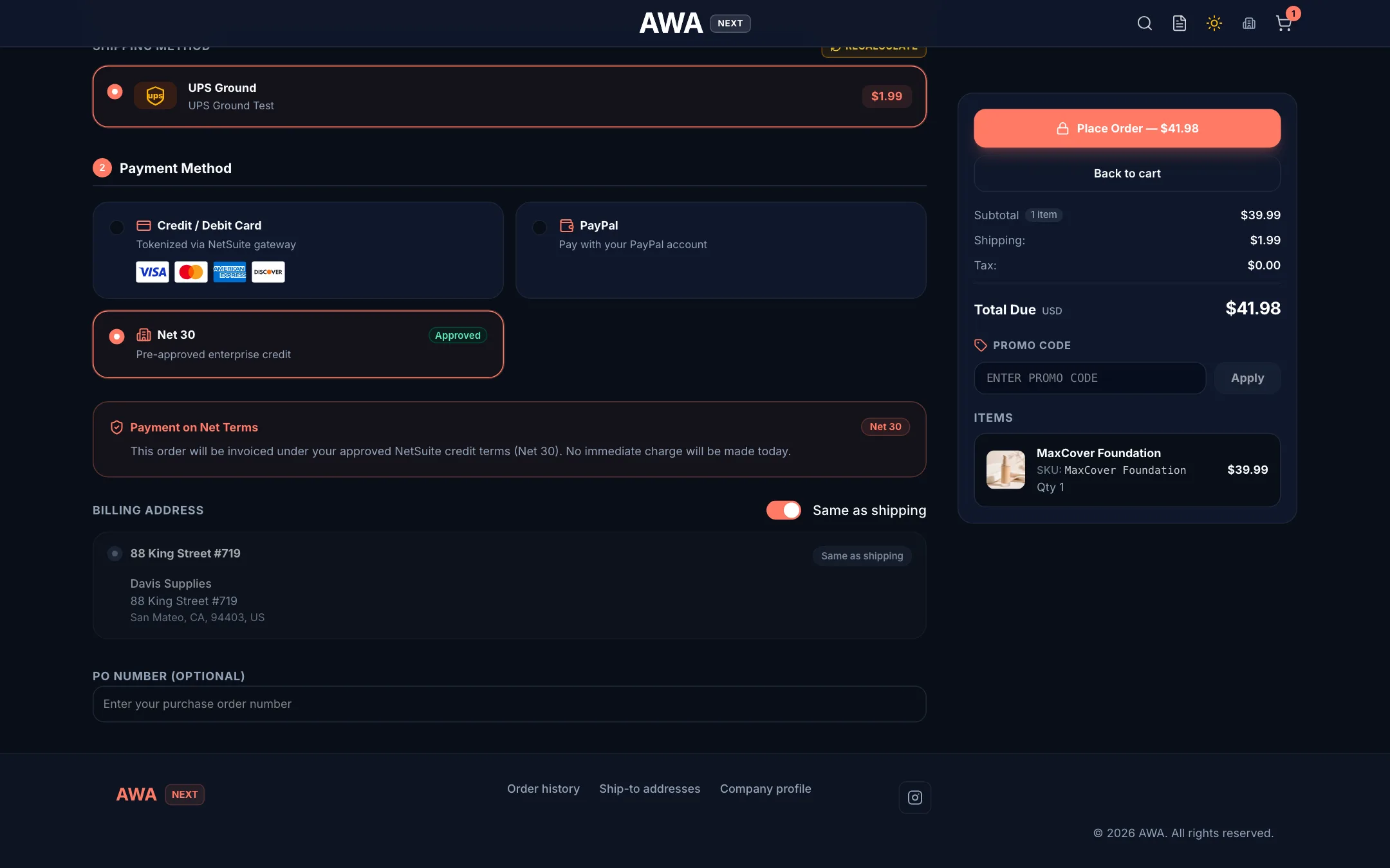 B2B checkout with net terms and a PO number field on desktop in dark mode