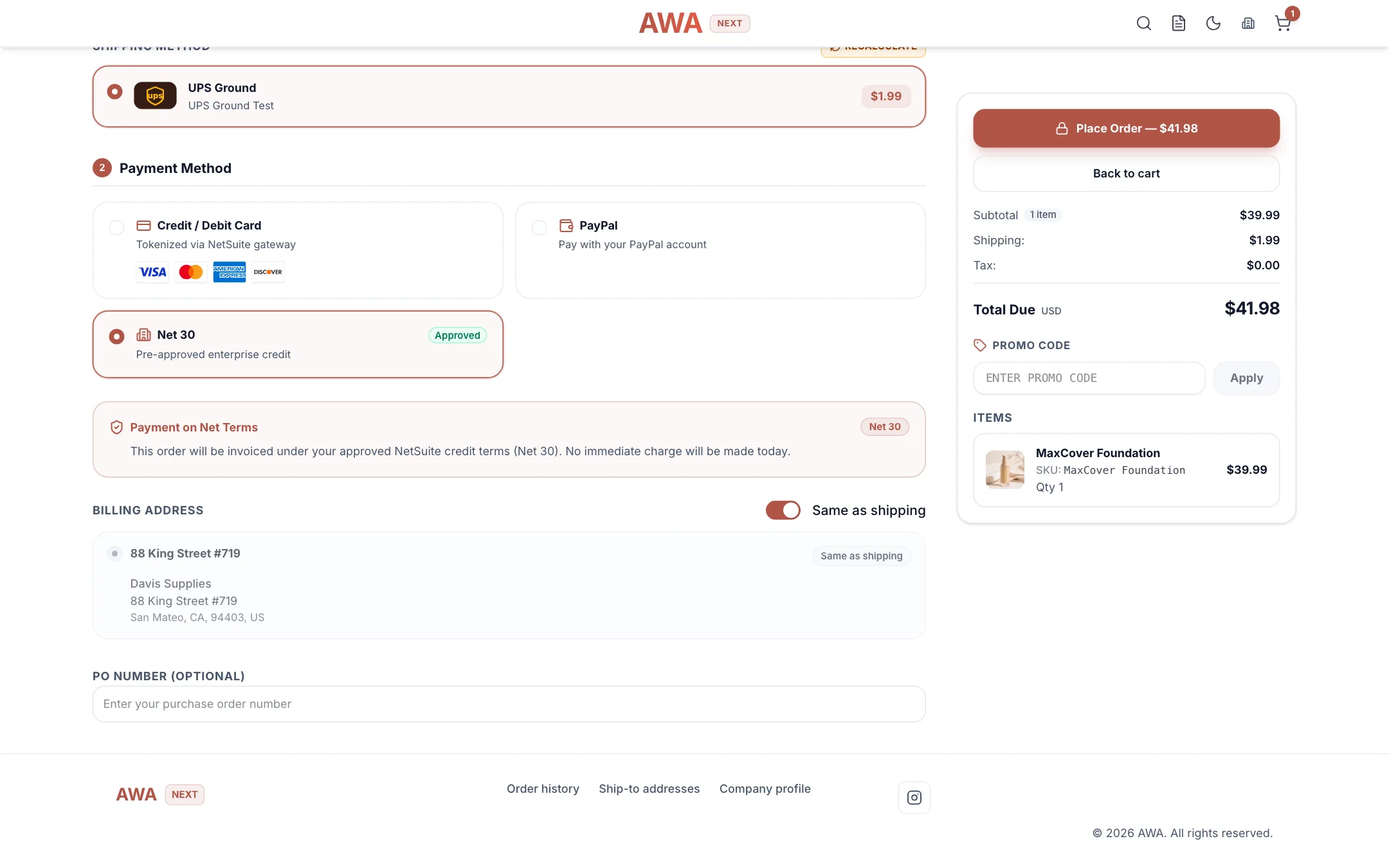 B2B checkout with net terms and a PO number field on desktop