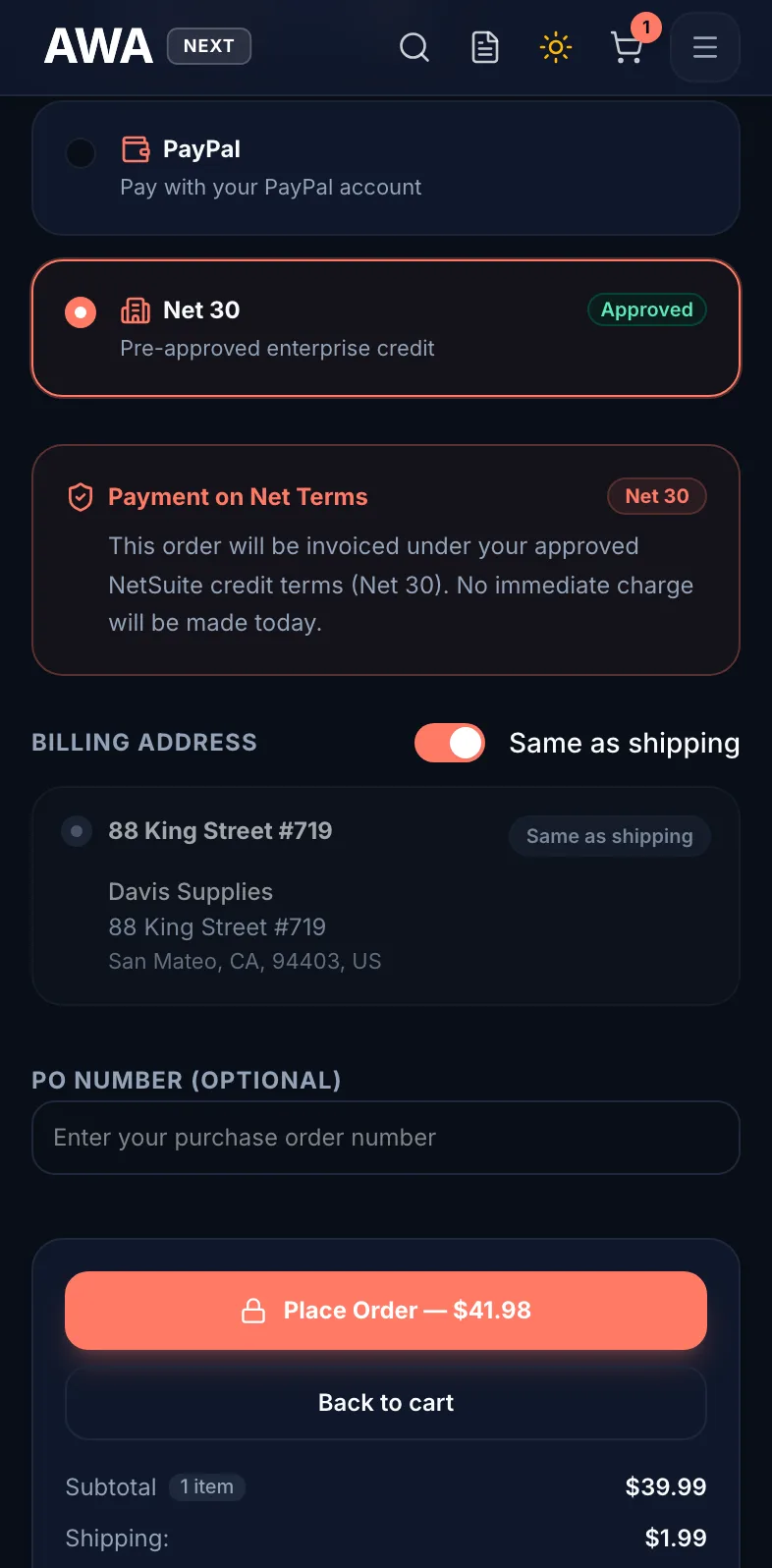 B2B checkout with net terms and a PO number field on mobile in dark mode
