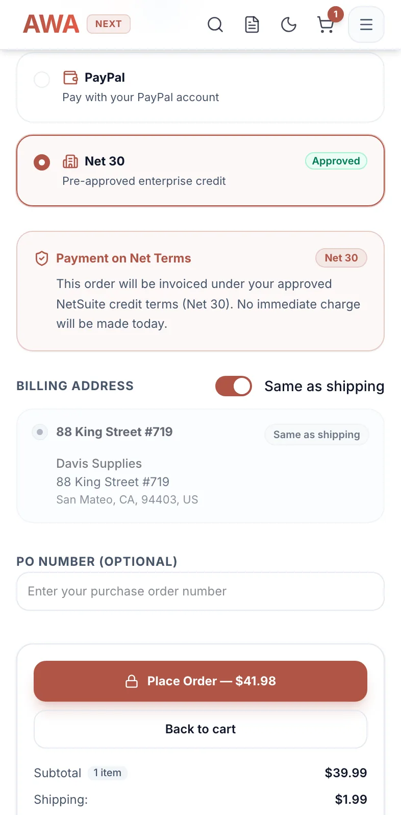 B2B checkout with net terms and a PO number field on mobile
