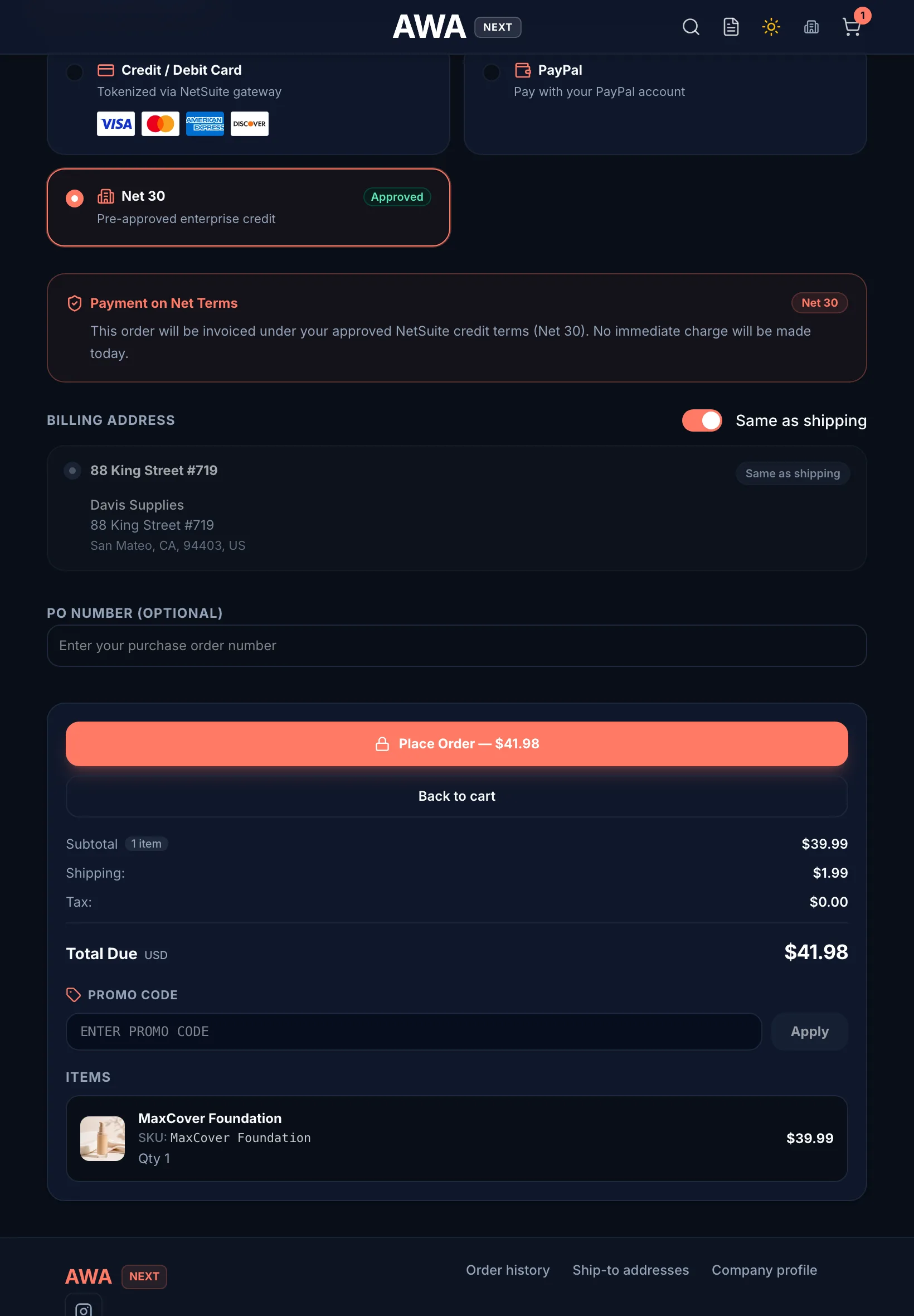 B2B checkout with net terms and a PO number field on tablet in dark mode