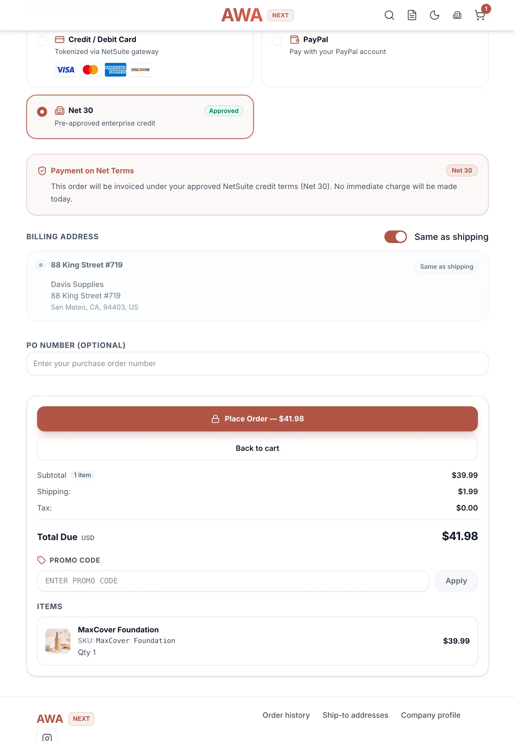 B2B checkout with net terms and a PO number field on tablet