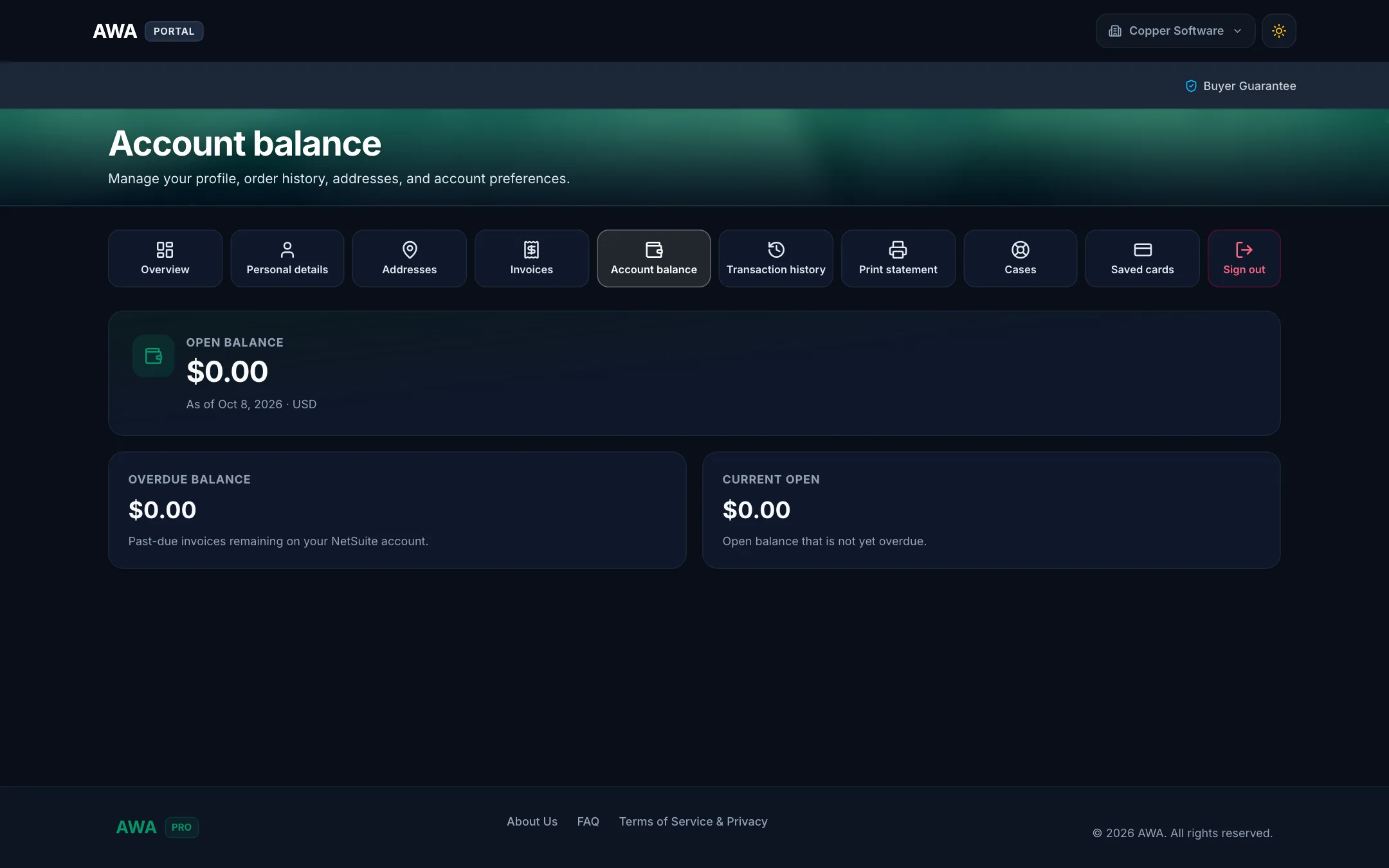 Account balance with overdue amounts on desktop in dark mode