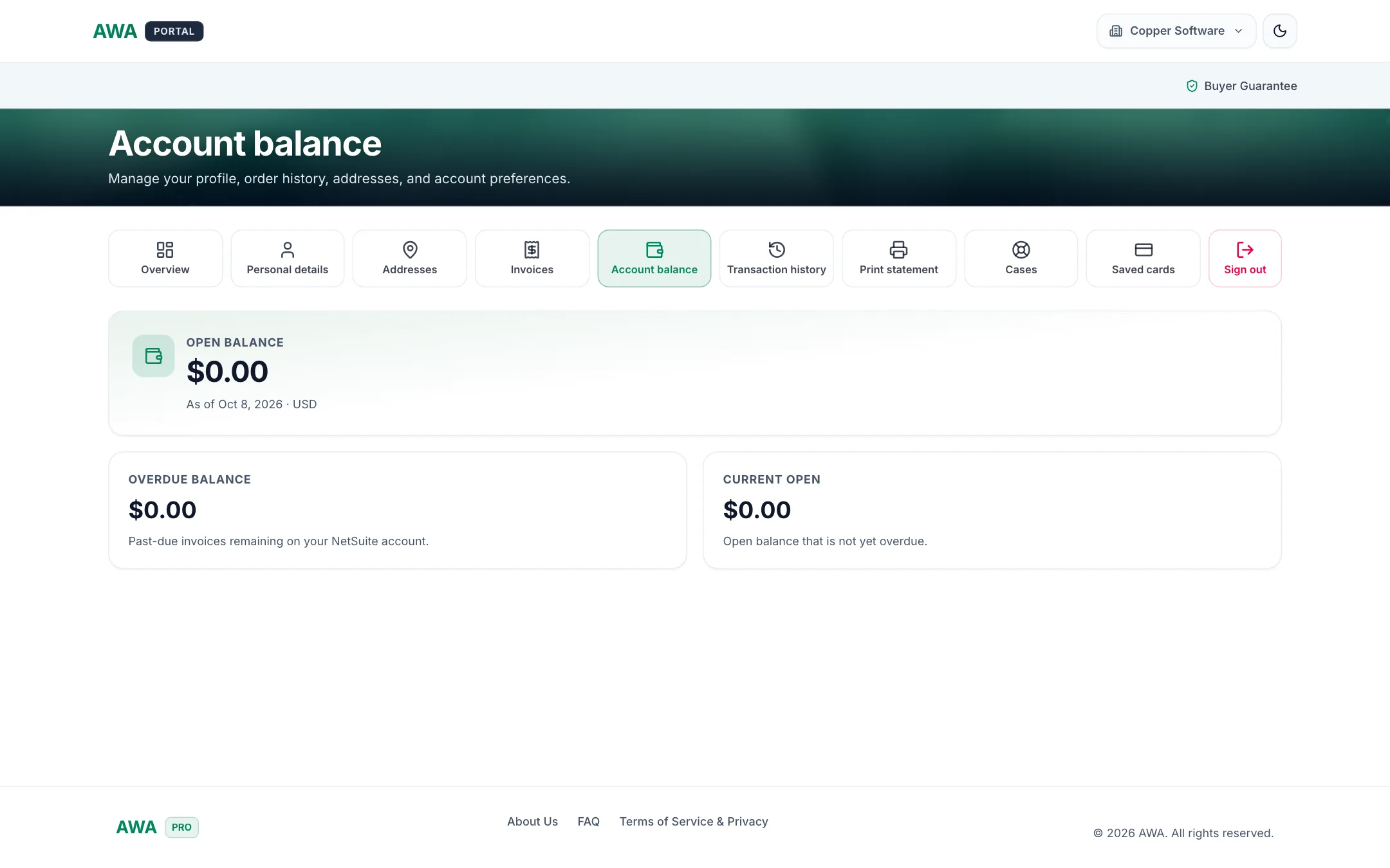 Account balance with overdue amounts on desktop