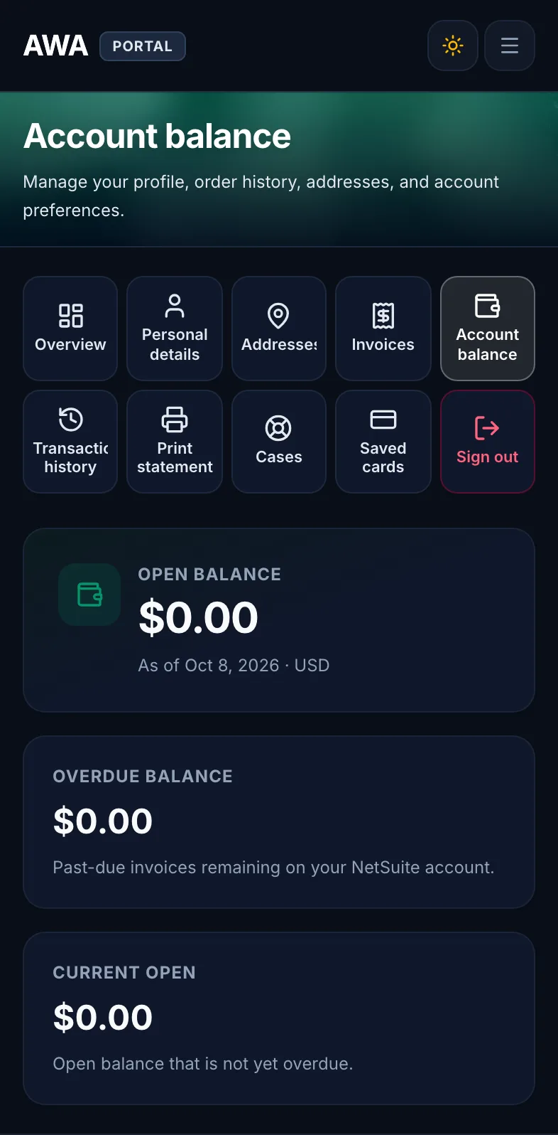 Account balance with overdue amounts on mobile in dark mode